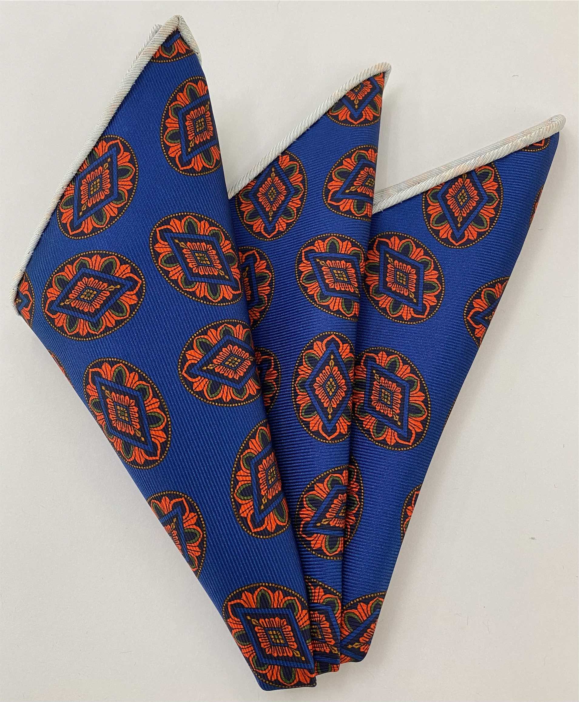 Orange on Blue Macclesfield Printed Silk Pocket Square MCP-749