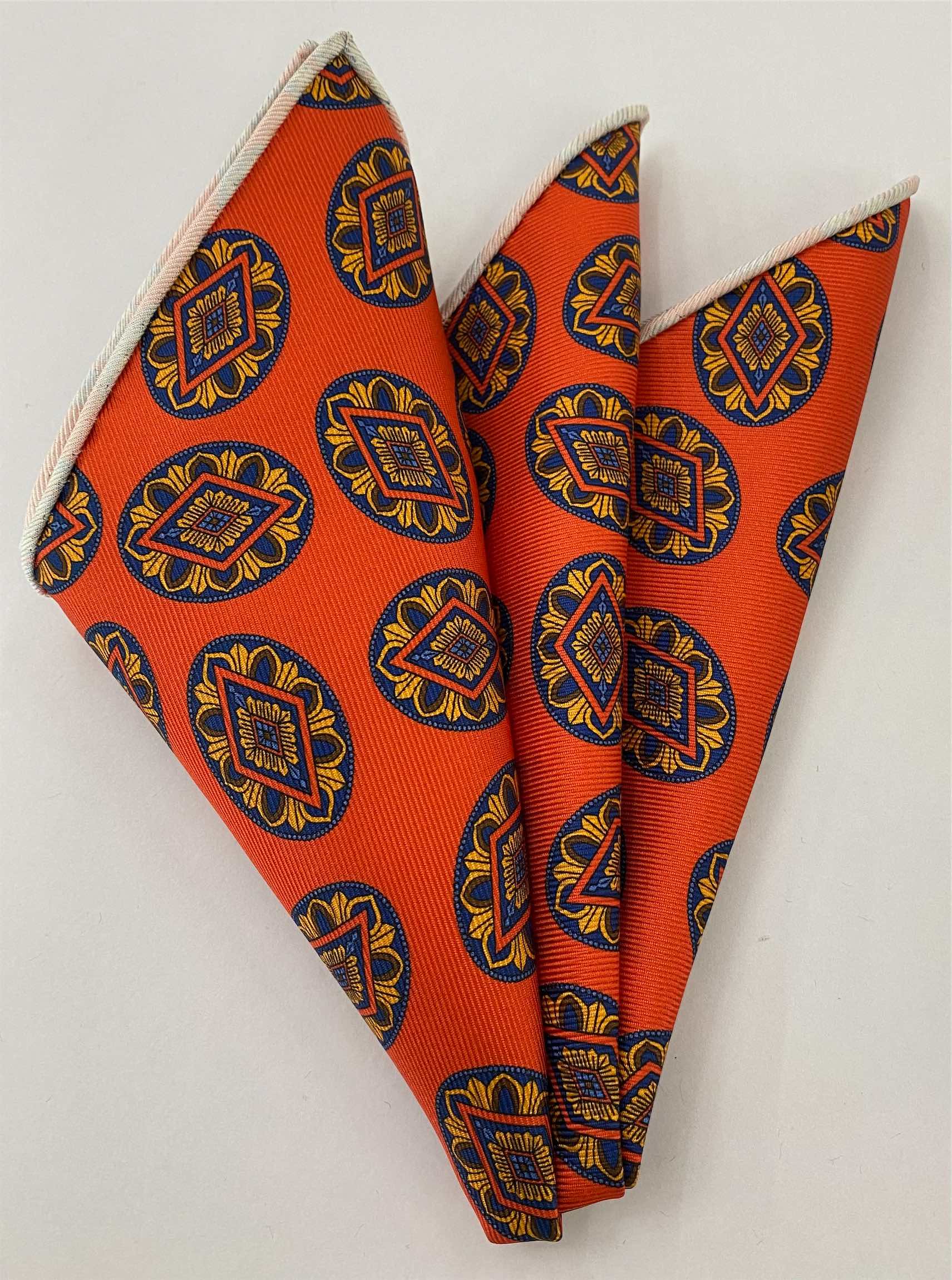 Navy on Burnt Orange Macclesfield Printed Silk Pocket Square MCP-750