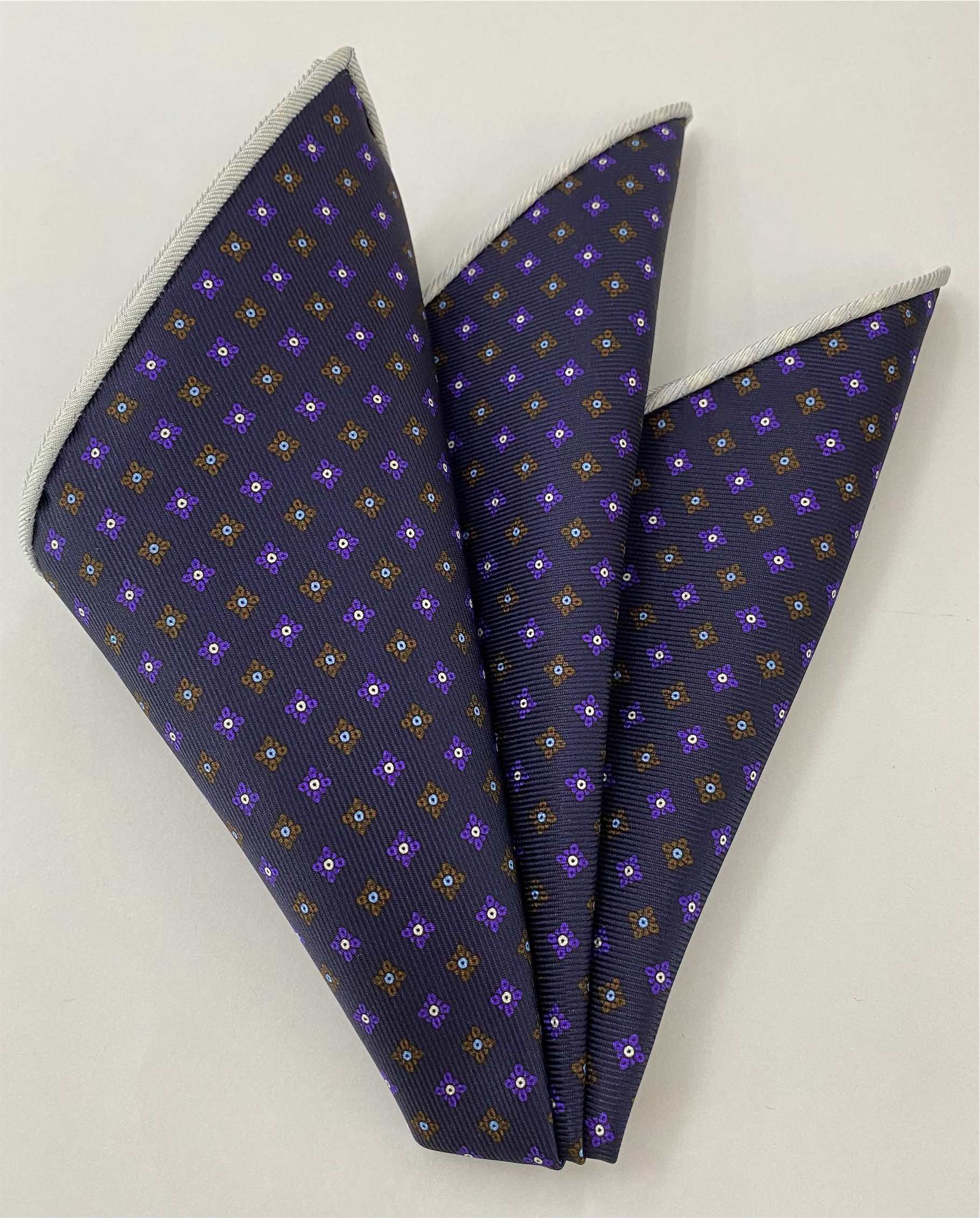 Violet & Brown on Blue Macclesfield Printed Silk Pocket Square MCP-751