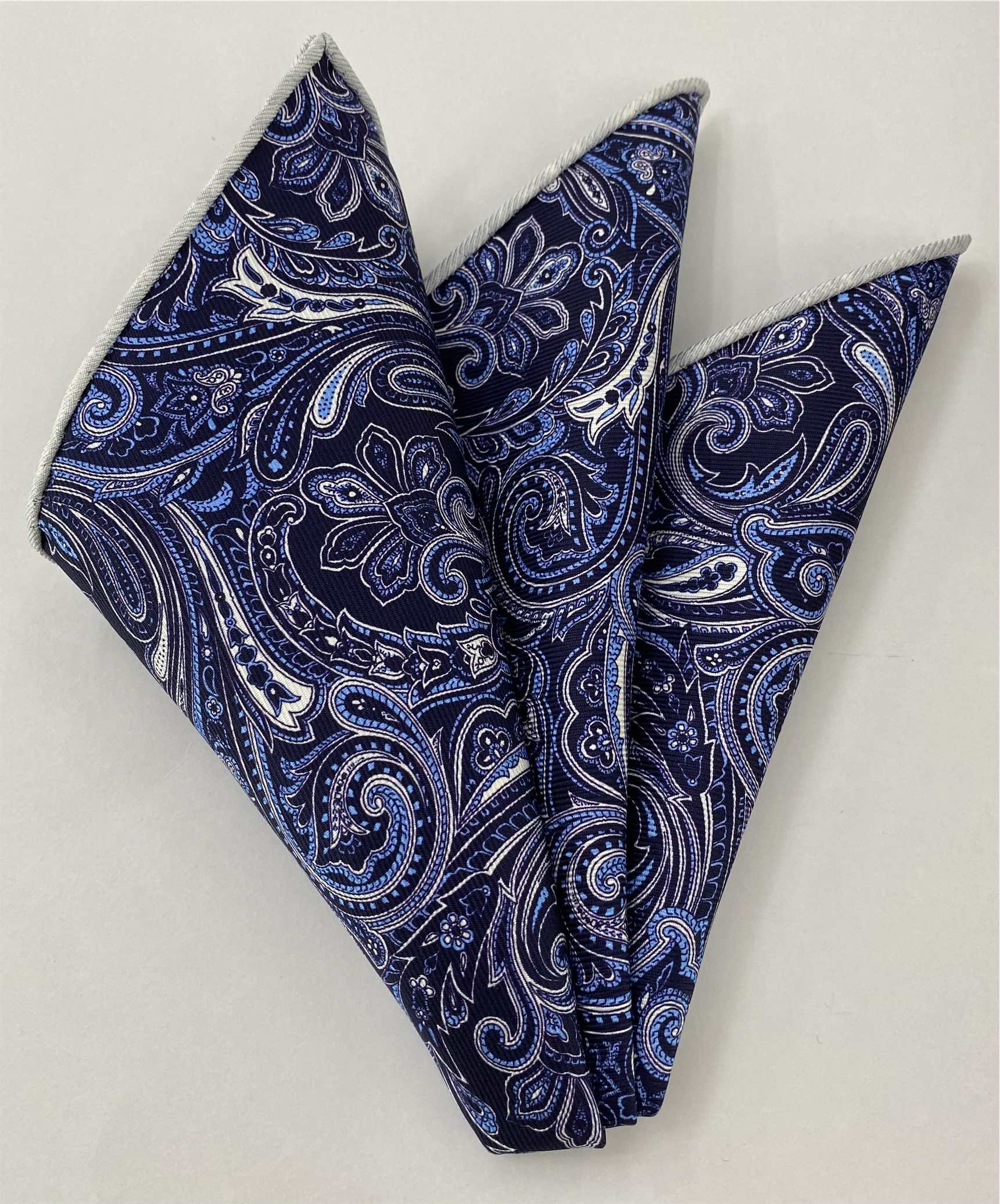 White & Blue on Navy Macclesfield Printed Silk Pocket Square MCP-752