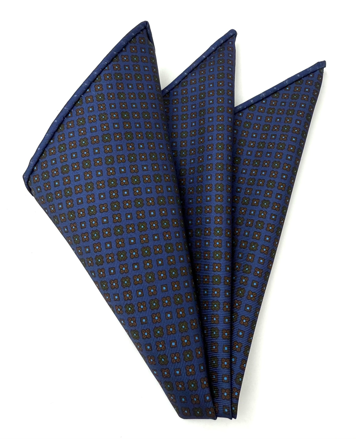 Brown, Forest Green, Sky Blue & black on Navy Blue Macclesfield Printed Silk Pocket Square MCP-82 (Copy)