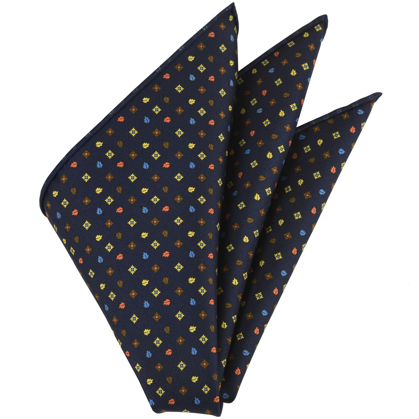 {[en]:Yellow, Orange, Sky Blue & Chocolate on Midnight Blue Macclesfield Printed Silk Pocket Square