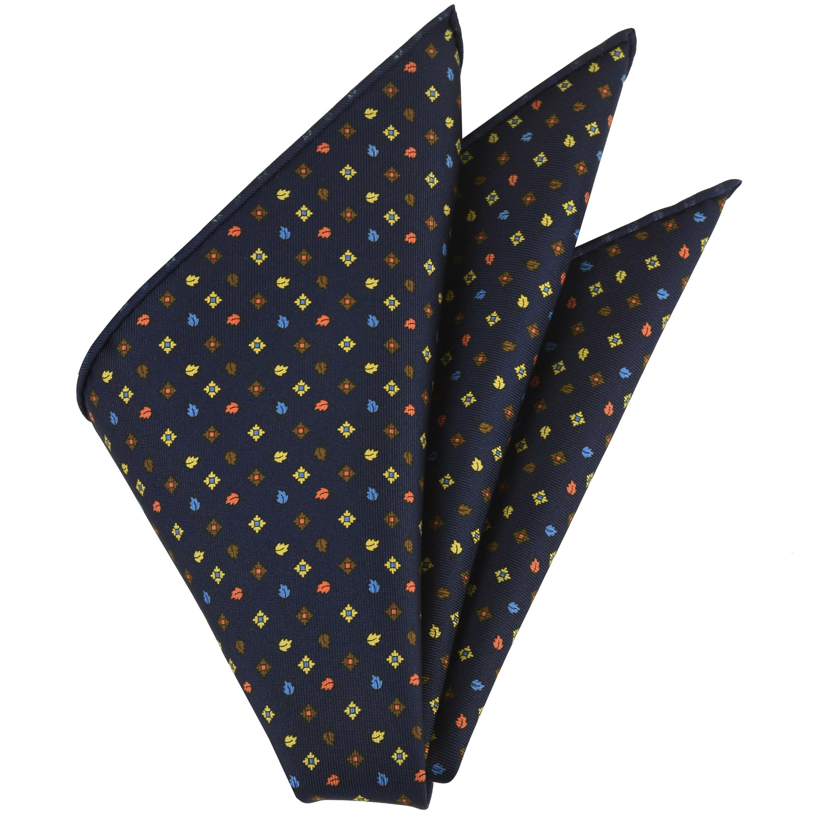 {[en]:Yellow, Orange, Sky Blue & Chocolate on Midnight Blue Macclesfield Printed Silk Pocket Square