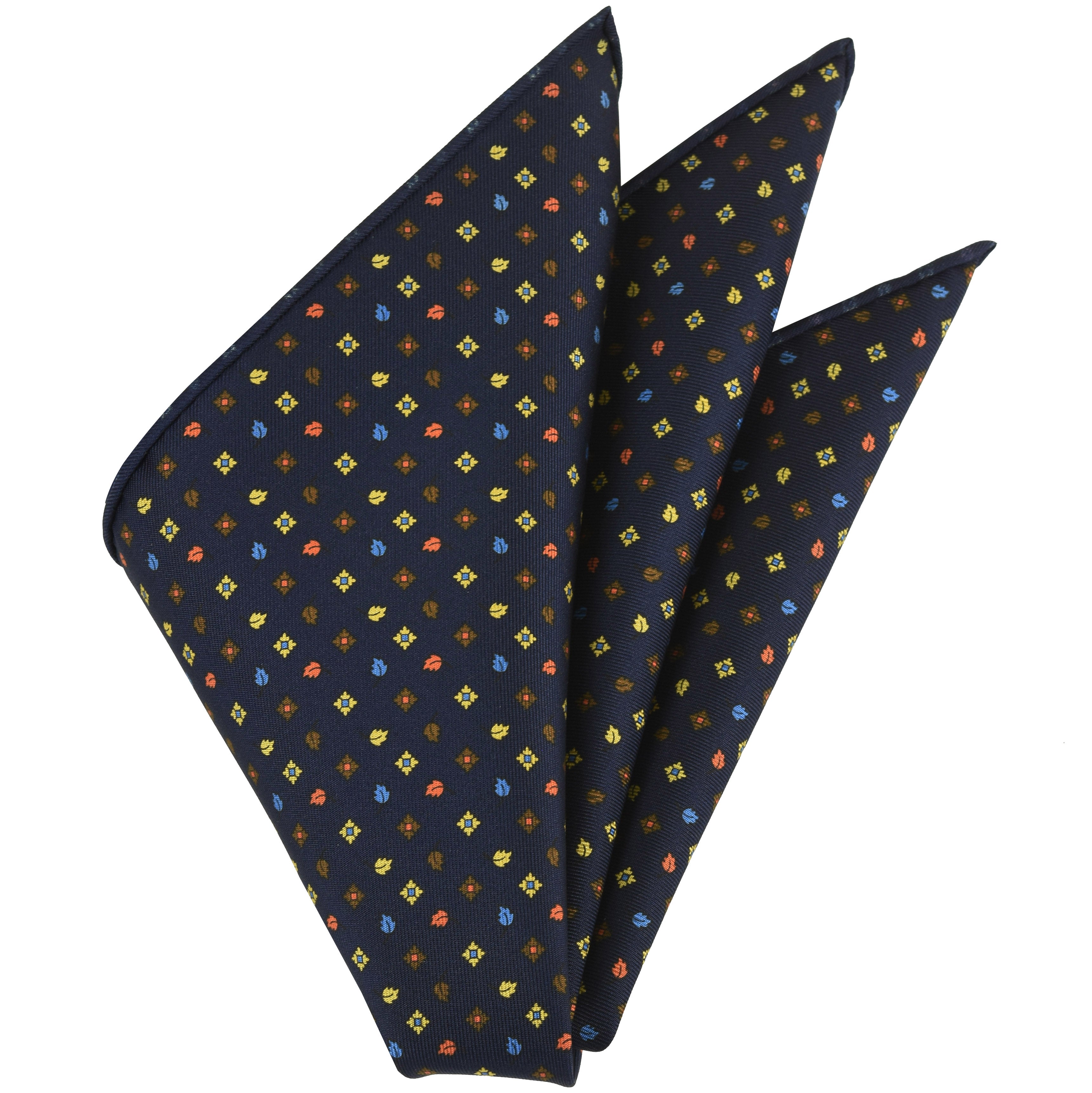 {[en]:Yellow, Orange, Sky Blue & Chocolate on Midnight Blue Macclesfield Printed Silk Pocket Square