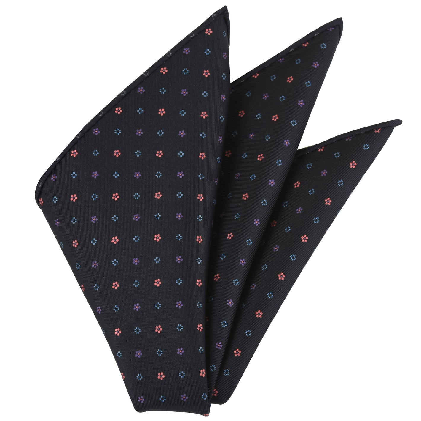 {[en]:Dark pink, Purple & Ocean Blue on Midnight Blue Macclesfield Printed Silk Pocket Square