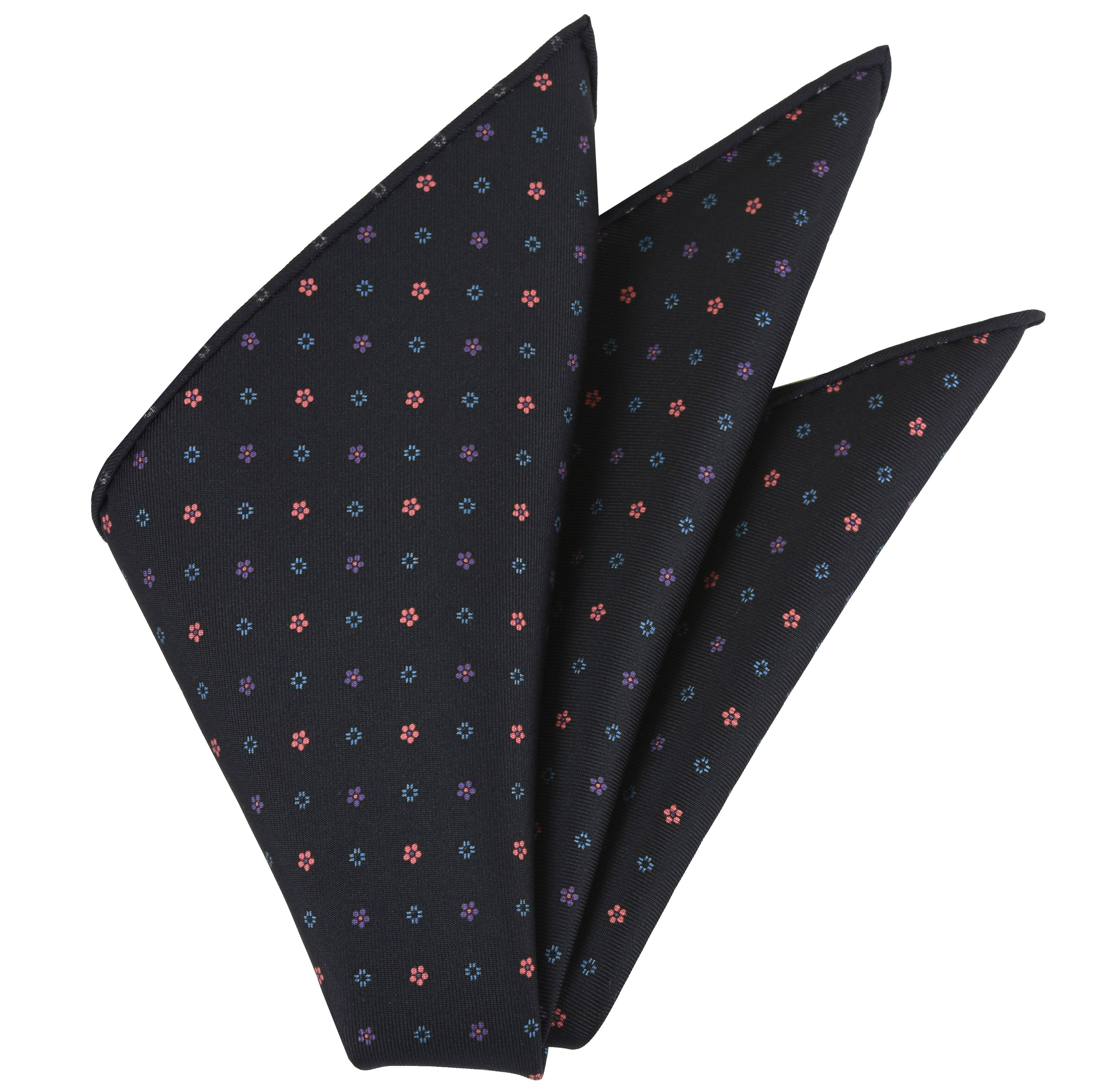 {[en]:Dark pink, Purple & Ocean Blue on Midnight Blue Macclesfield Printed Silk Pocket Square