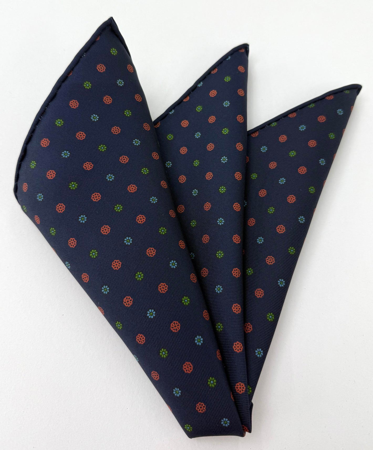 Sky Blue, Green & Burnt Orange on Midnight Blue Macclesfield Printed Silk Pocket Square MCP-95