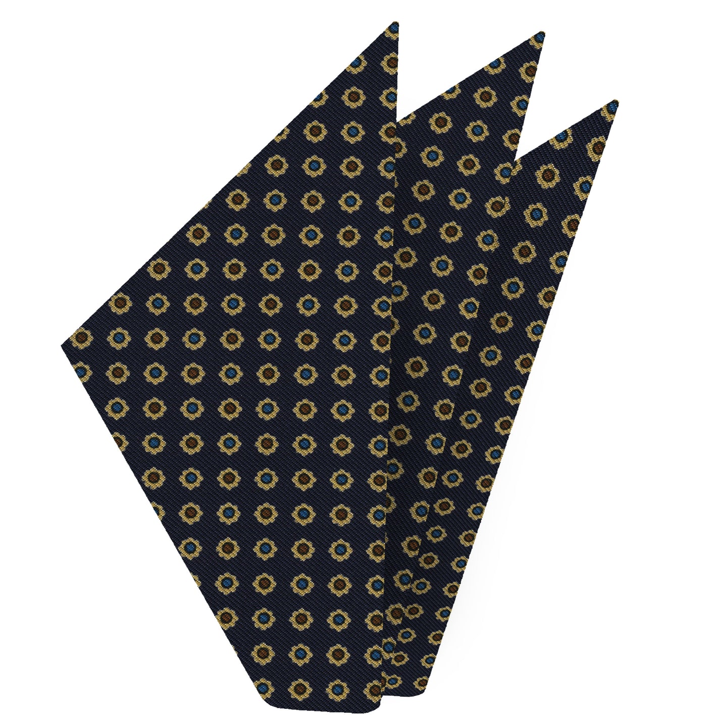 {[en]:Light Yellow, Blue, Black & Dark Brown on Dark Navy Blue Macclesfield Printed Silk Pocket Square
