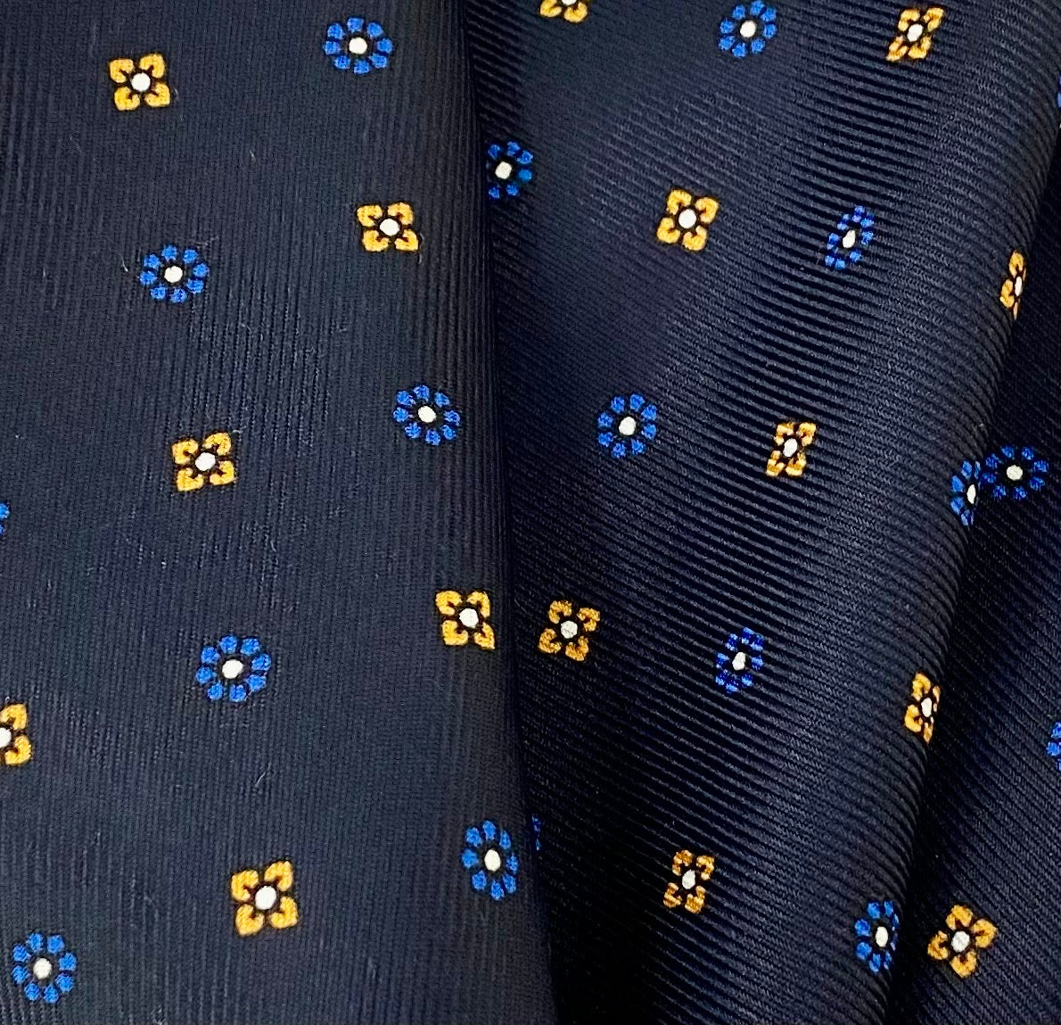 White, Orange & Royal Blue on Midnight Blue Macclesfield Print Pattern Silk Pocket Rectangle MCP-657