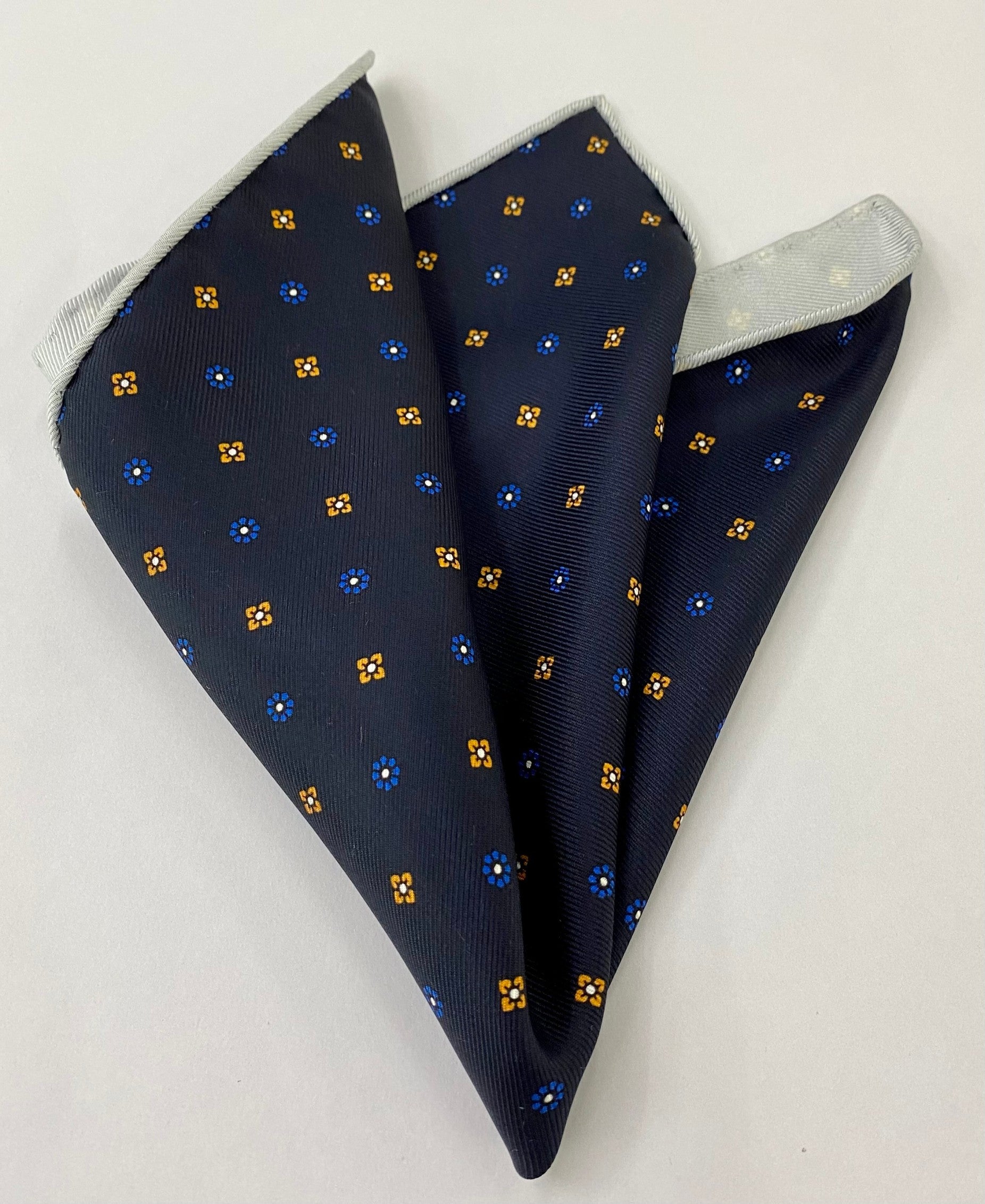 White, Orange & Royal Blue on Midnight Blue Macclesfield Print Pattern Silk Pocket Rectangle MCP-657