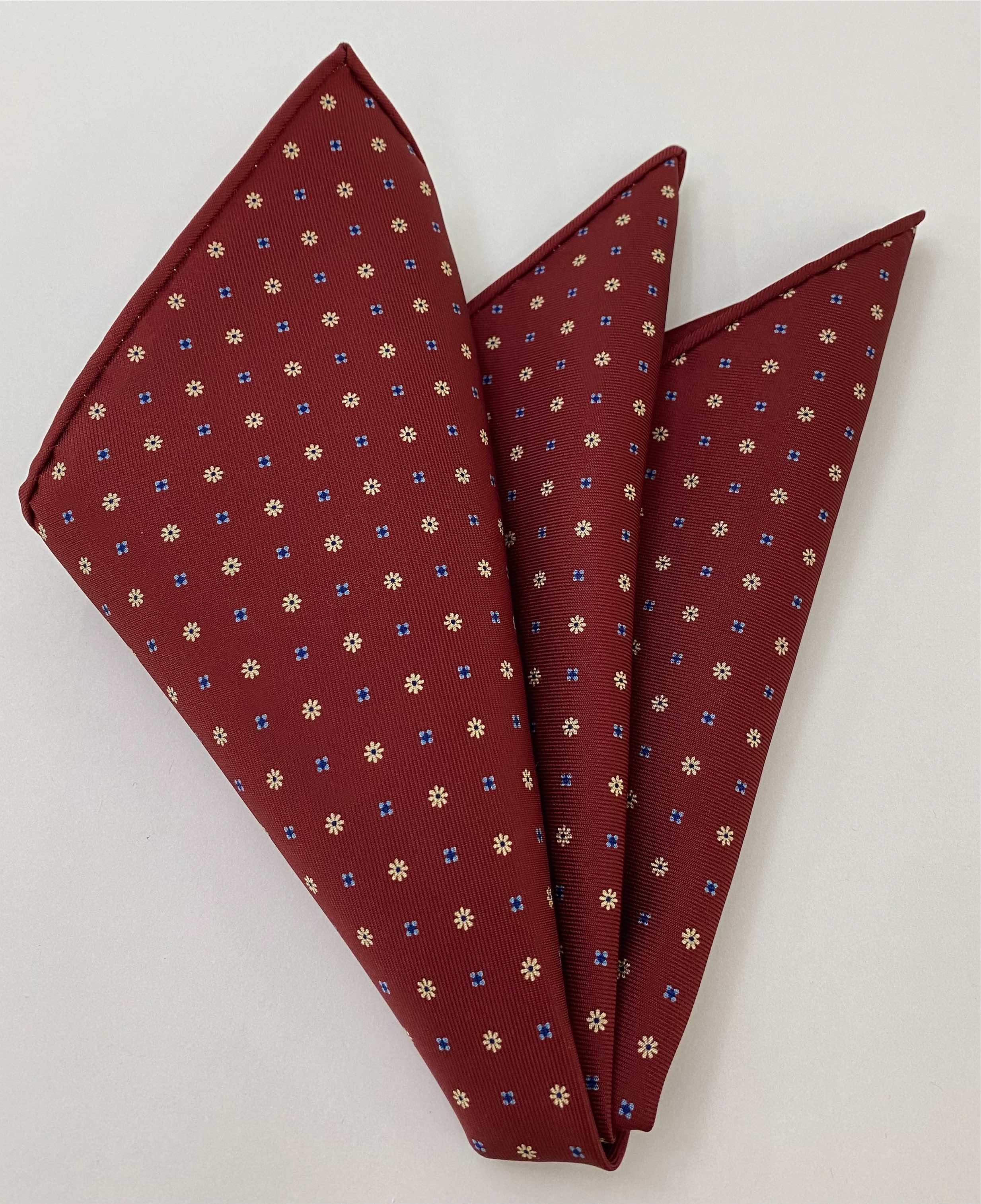 Cream & Blue on Maroon Macclesfield Printed Silk Pocket Square MCP-658