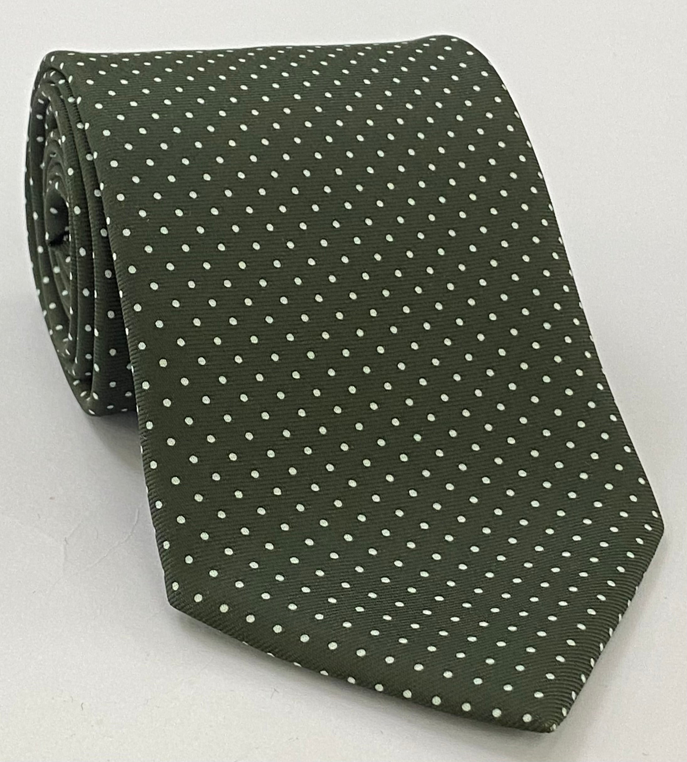 ダークオリーブグリーン地にホワイトのピンドット柄シルクネクタイ MCPDT-5