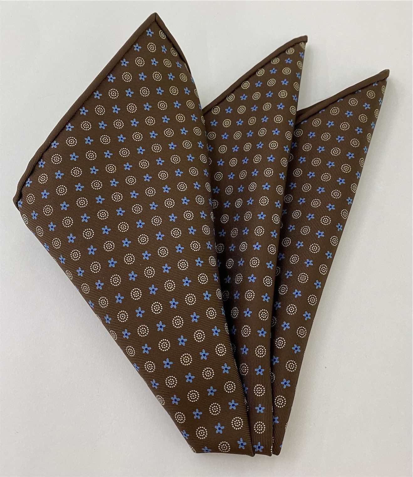 Blue, Sky Blue & Sand on Chocolate Macclesfield Print Pattern Silk Pocket Square #MCP-470