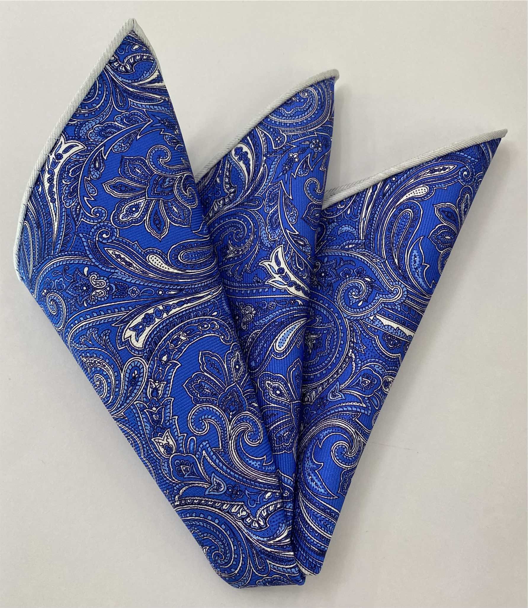 White & Navy on Blue Macclesfield Printed Silk Pocket Square MCP-753