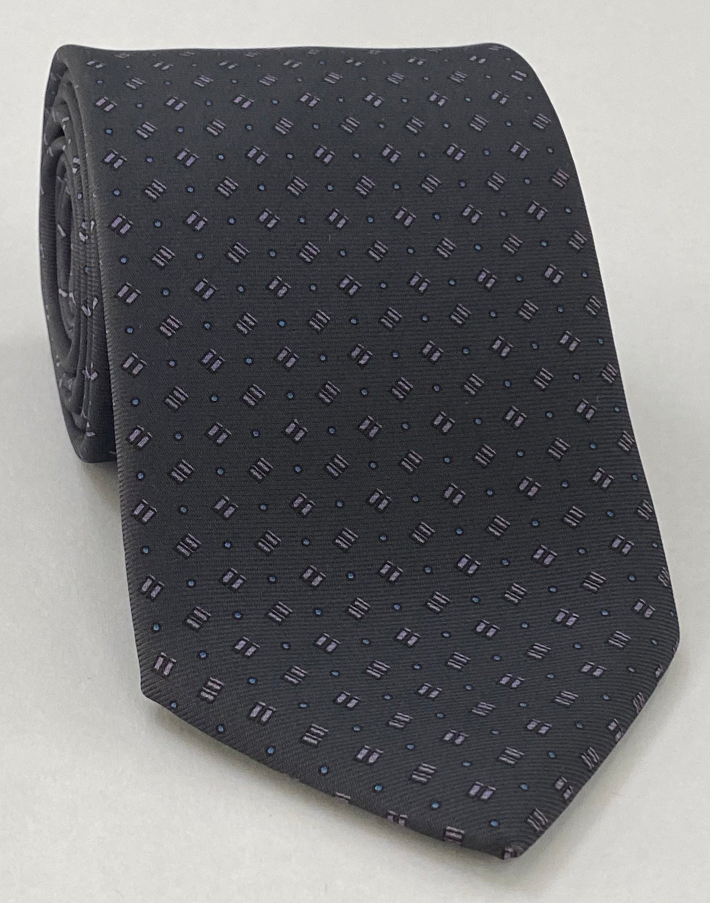 Light Lavender & Powder Blue on Dark Charcoal Gray Macclesfield Printed Silk Tie MCT-108