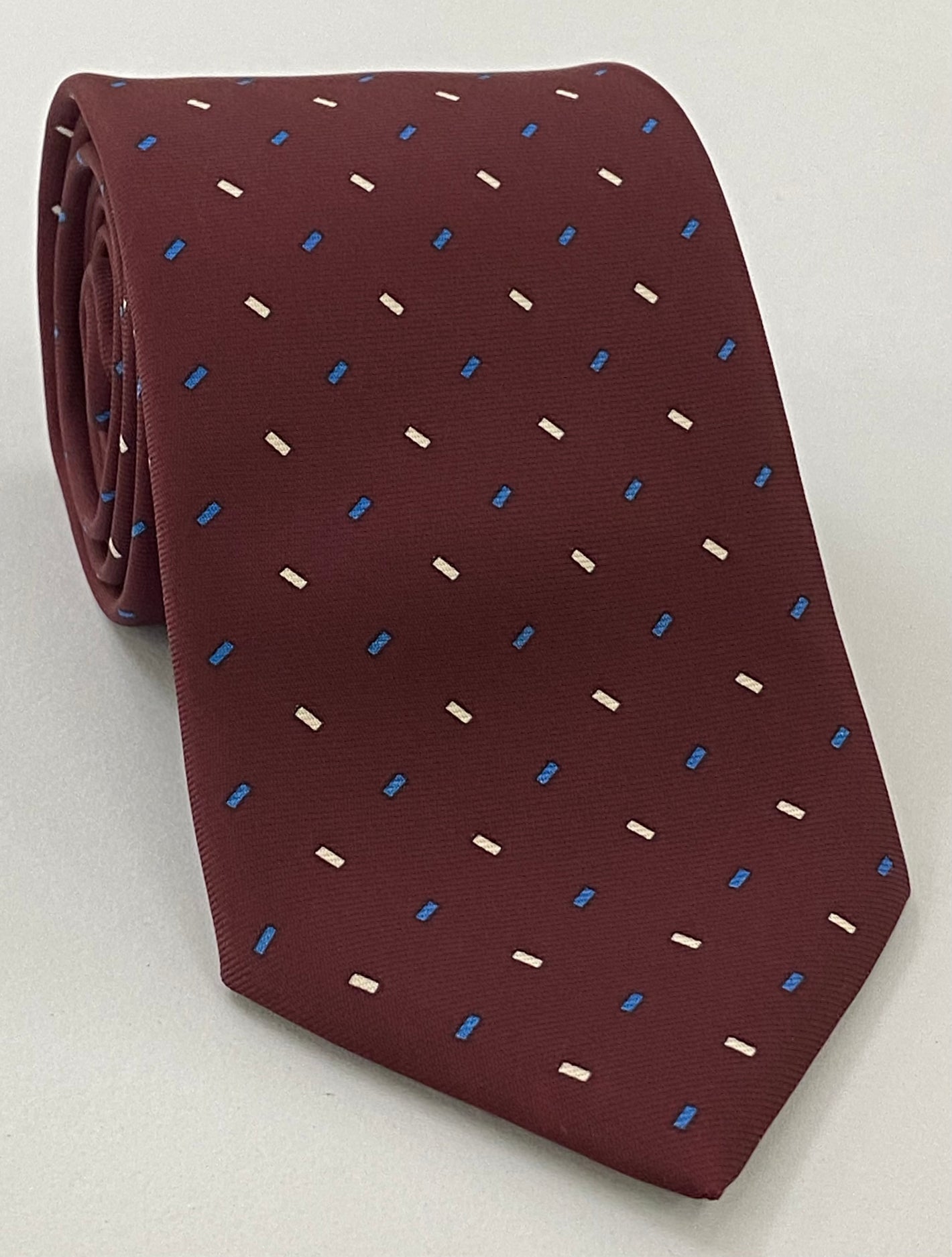 Off-White & Blue on Burgundy Macclesfield Printed Silk Tie MCT-122