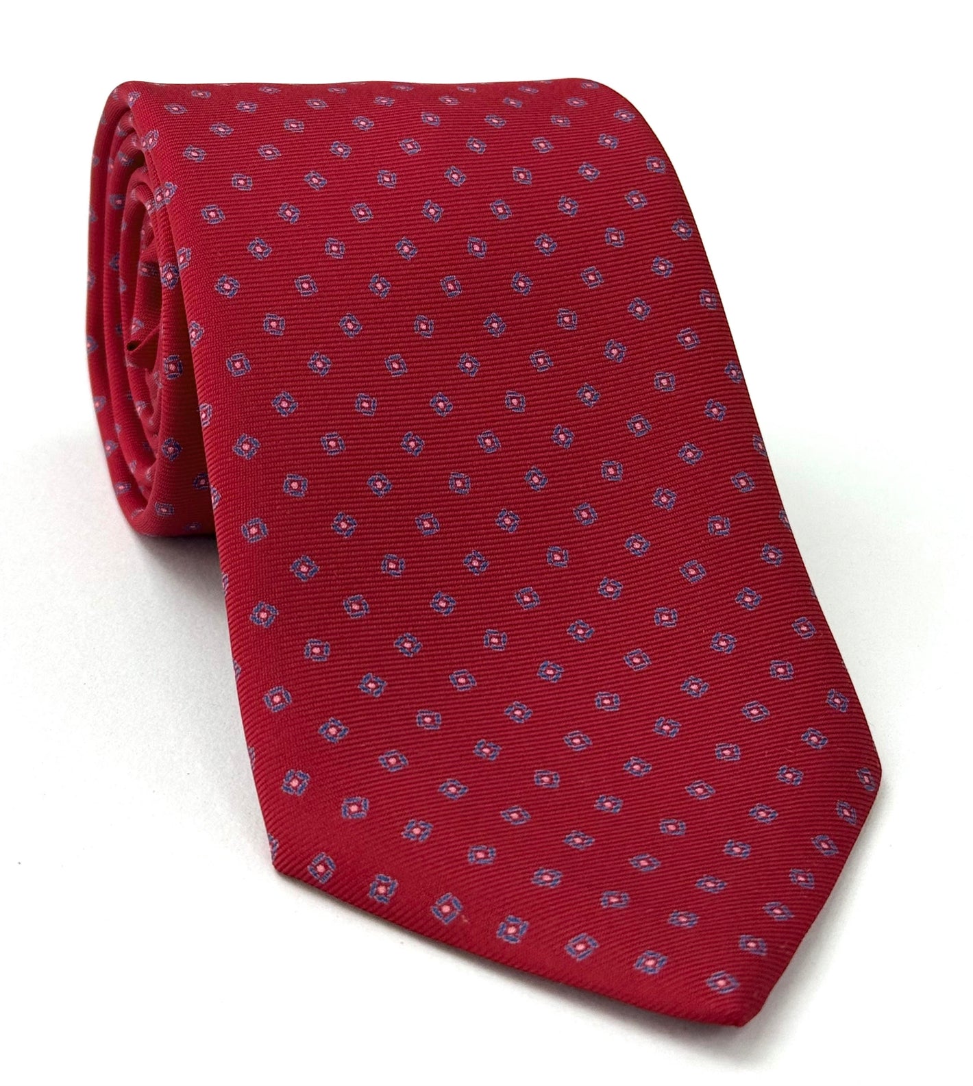 Sky Blue, Off-White with a touch of Red on Light Red Macclesfield Printed Silk Tie MCT-130