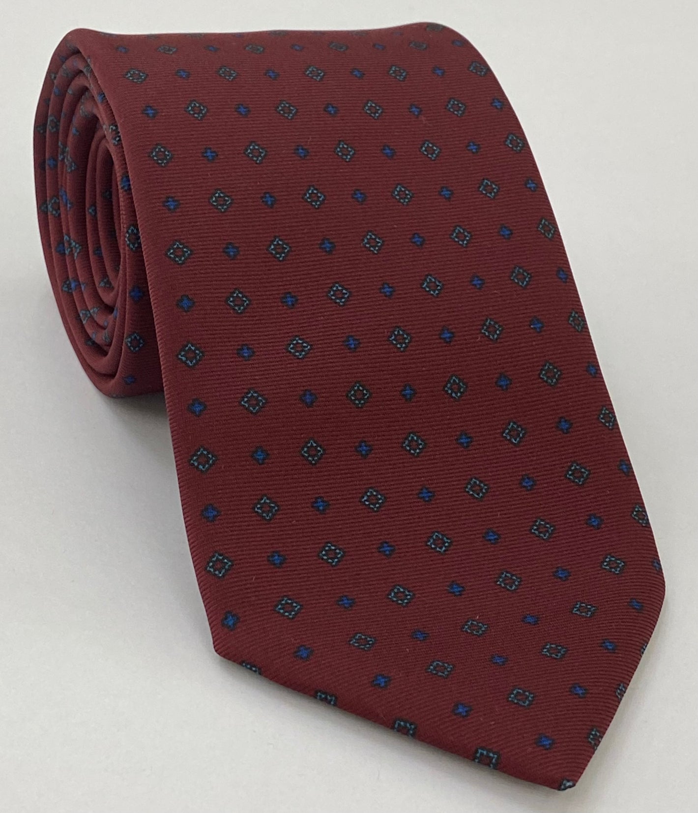 Blue & Sky Blue on Dark Red Macclesfield Printed Silk Tie MCT-153