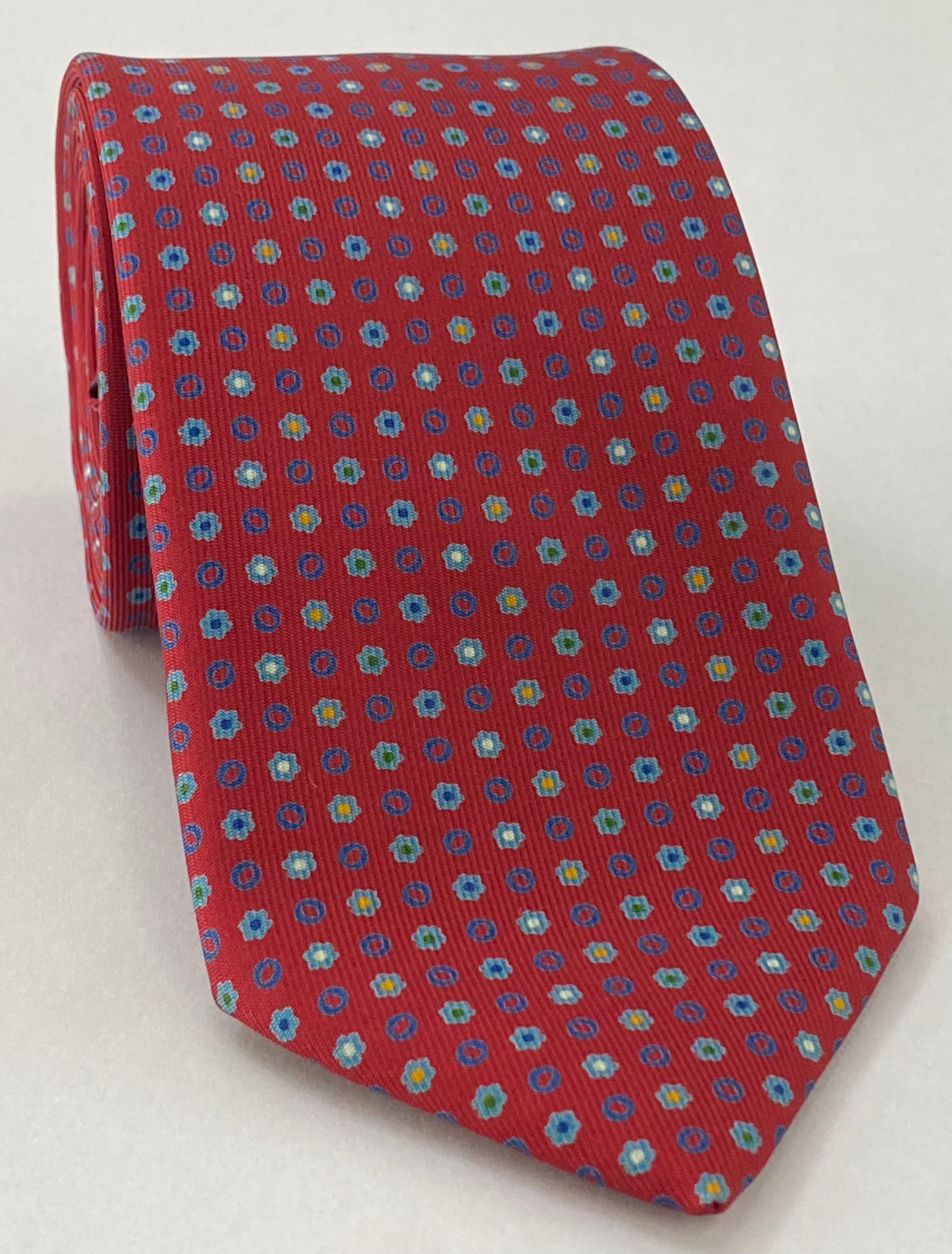 Sky Blue, Blue, Orange & Off-White on Red Macclesfield Print Silk Tie MCT-215