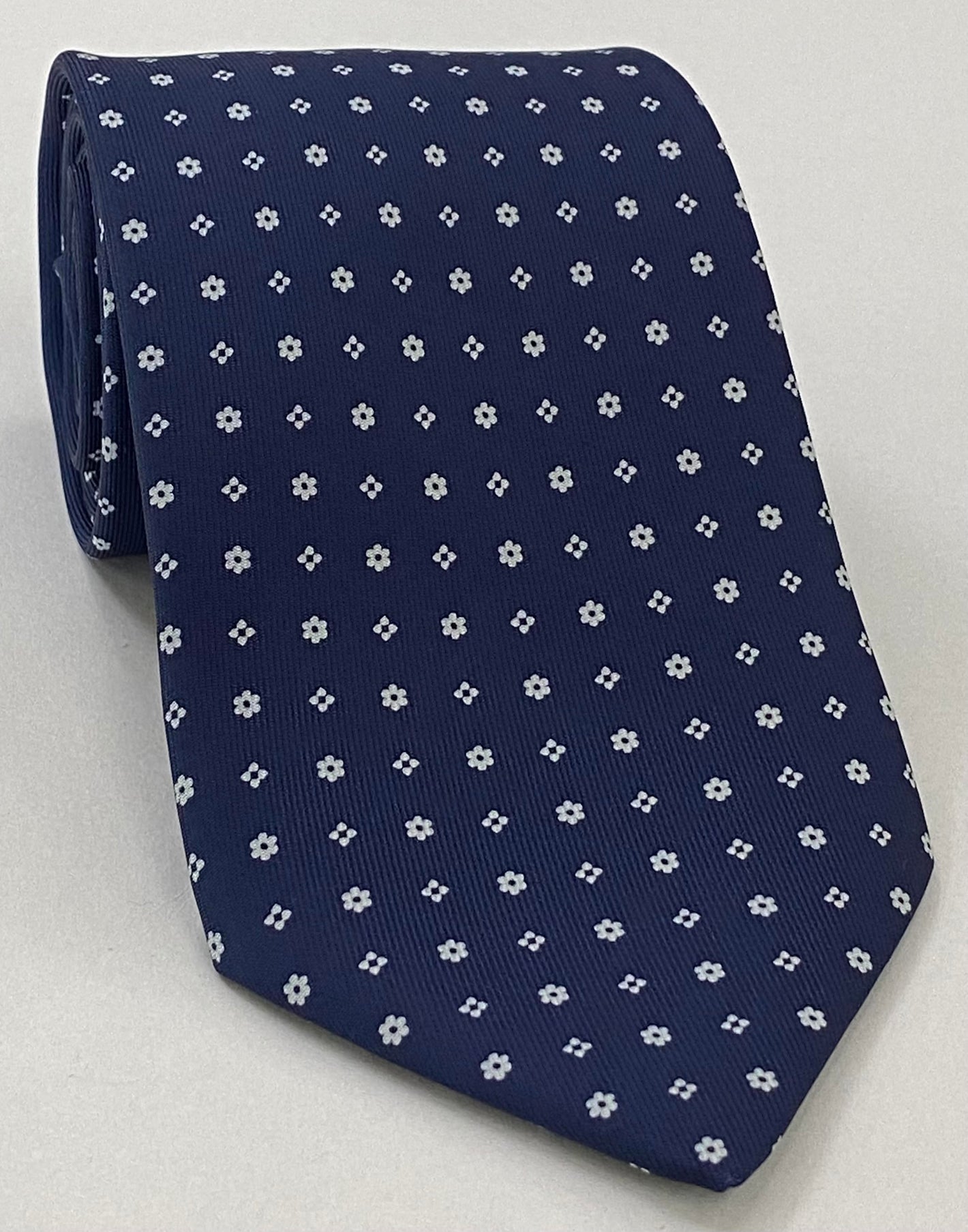 White on Dark Navy Blue Macclesfield Print Silk Tie MCT-238