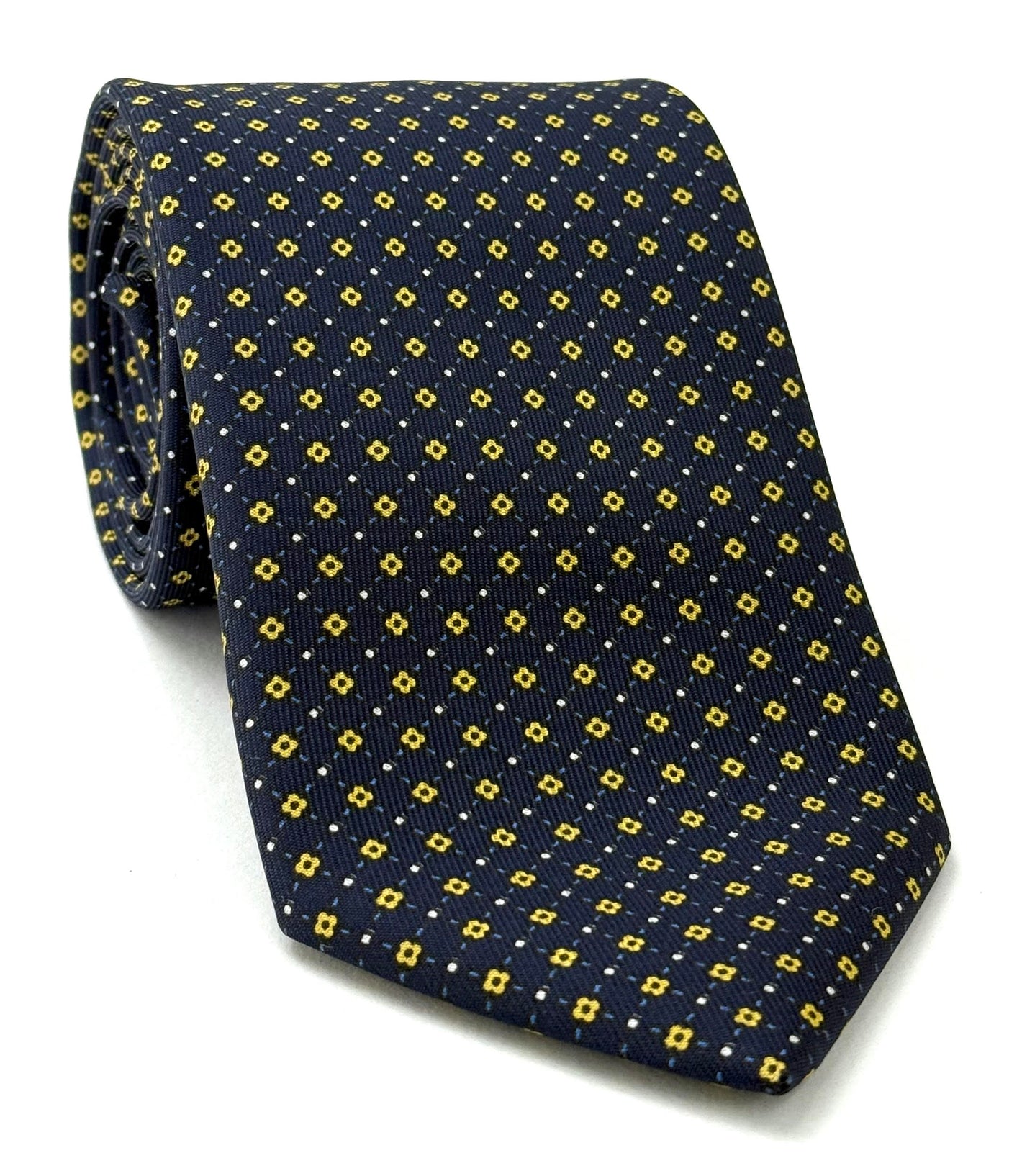 Yellow Gold, Blue & White on Midnight Blue Macclesfield Print Silk Tie MCT-249