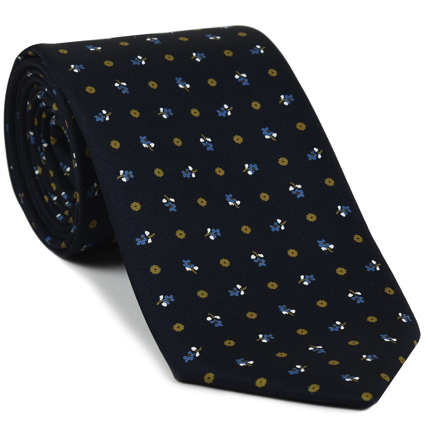 {[en]:Sky Blue, Burnt Orange & White on Dark Navy Blue Macclesfield Print Silk Tie