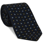 {[en]:Sky Blue, Burnt Orange & White on Dark Navy Blue Macclesfield Print Silk Tie