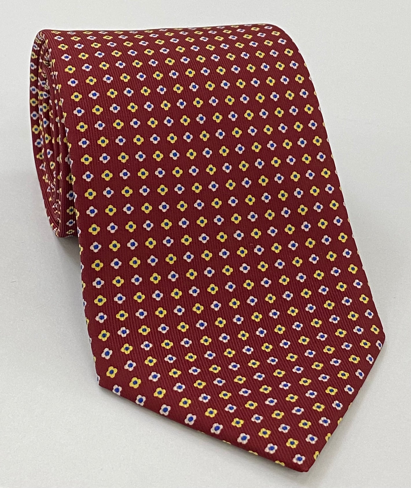 Dark Blue, White & Light Yellow on Burgundy Macclesfield Print Silk Tie MCT-258