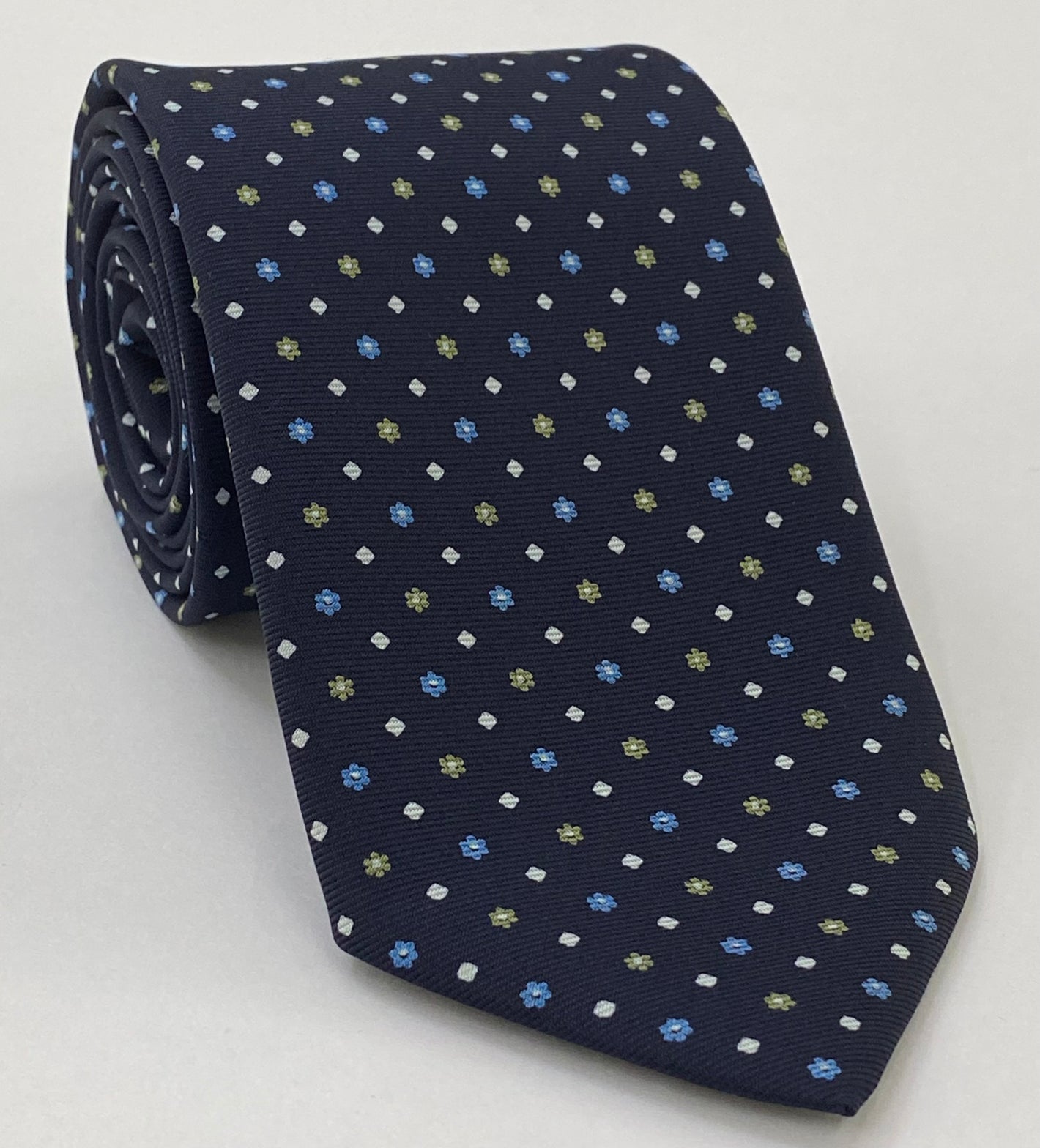 Sky Blue, White & Light Yellow on Midnight Blue Macclesfield Print Silk Tie MCT-261