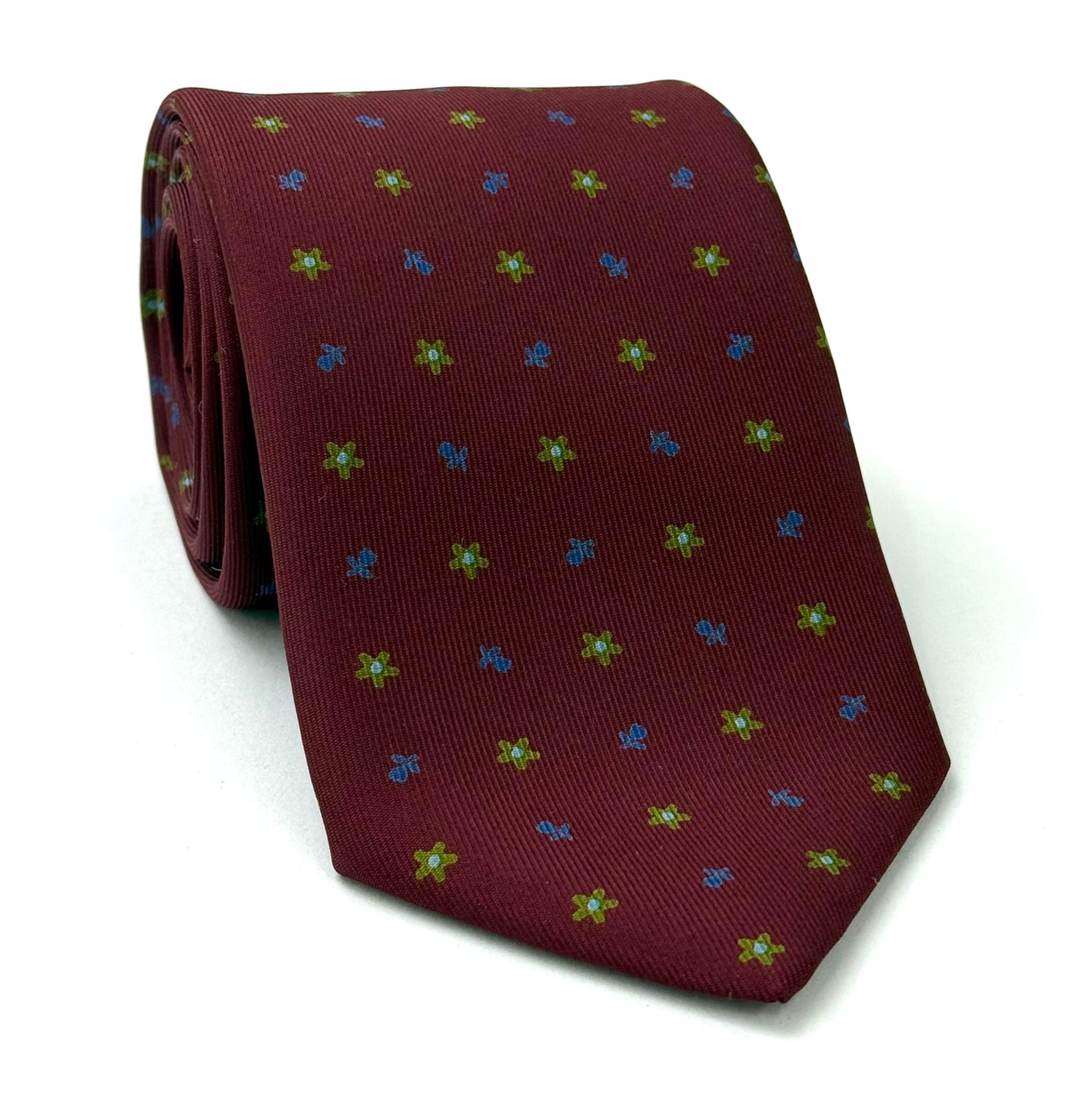 Dark Blue, Dark Gold & Sky Blue on Burgundy Macclesfield Print Silk Tie MCT-262