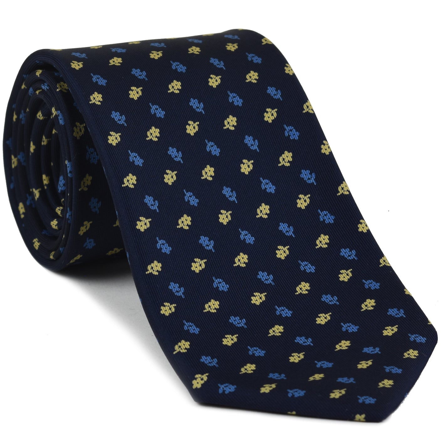 {[en]:Sky Blue & Light Yellow on Midnight Blue Macclesfield Print Silk Tie