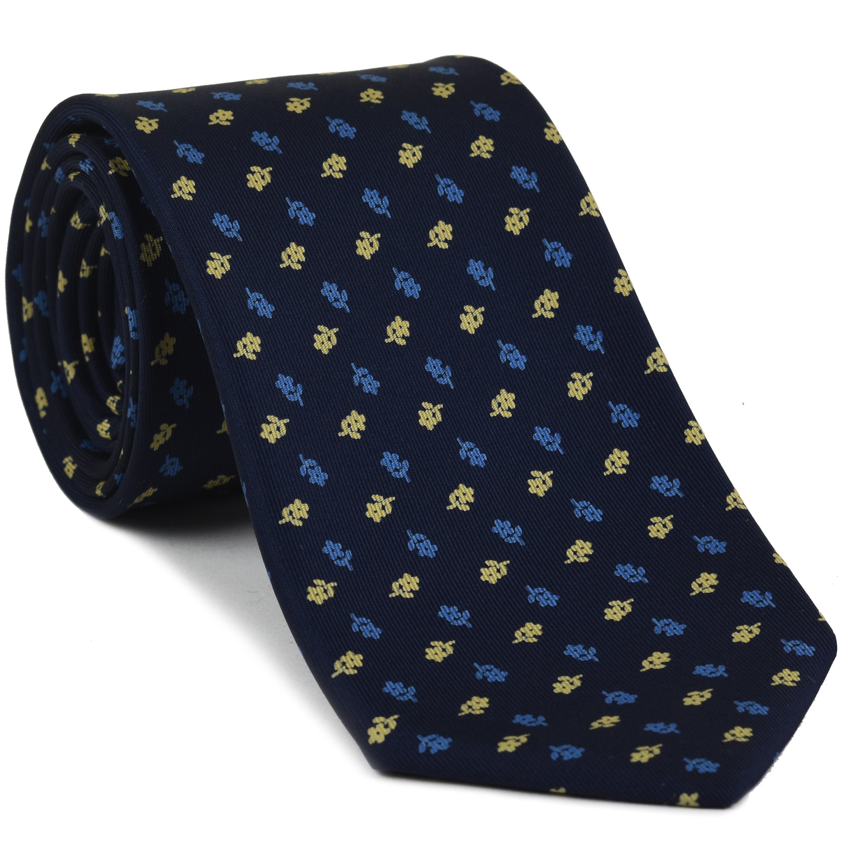 {[en]:Sky Blue & Light Yellow on Midnight Blue Macclesfield Print Silk Tie