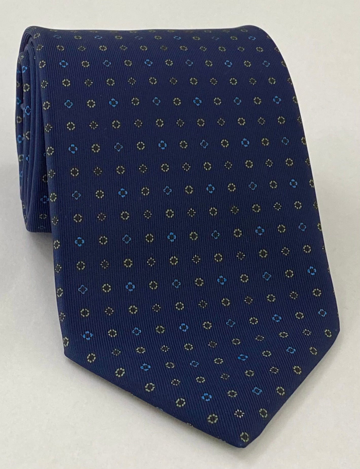 Sky Blue, White & Silver on Midnight Blue Macclesfield Print Silk Tie MCT-265