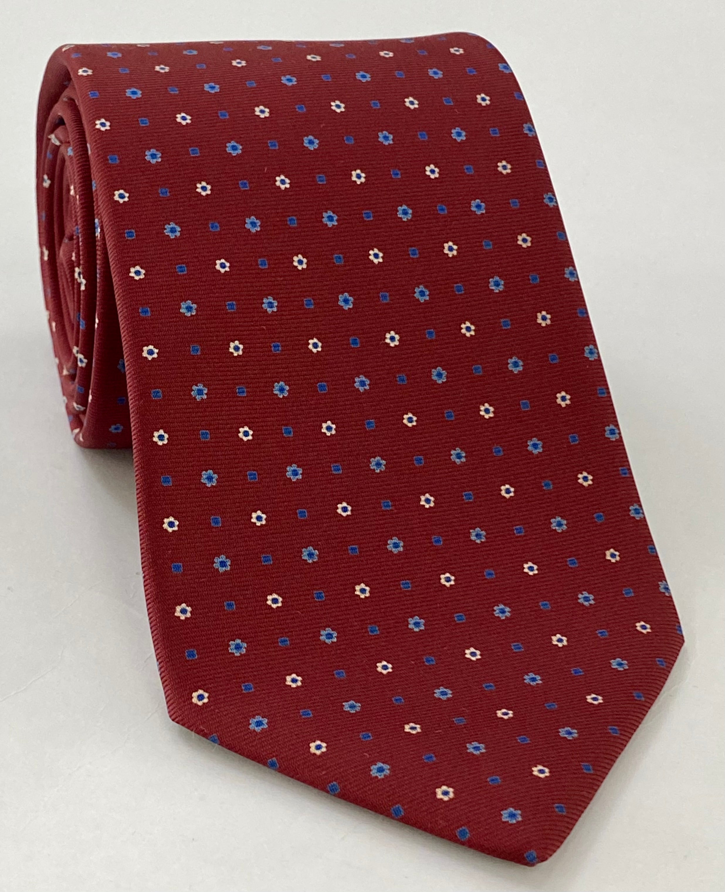 Sky Blue, Blue & Off-White on Dark Red Macclesfield Print Silk Tie MCT-266