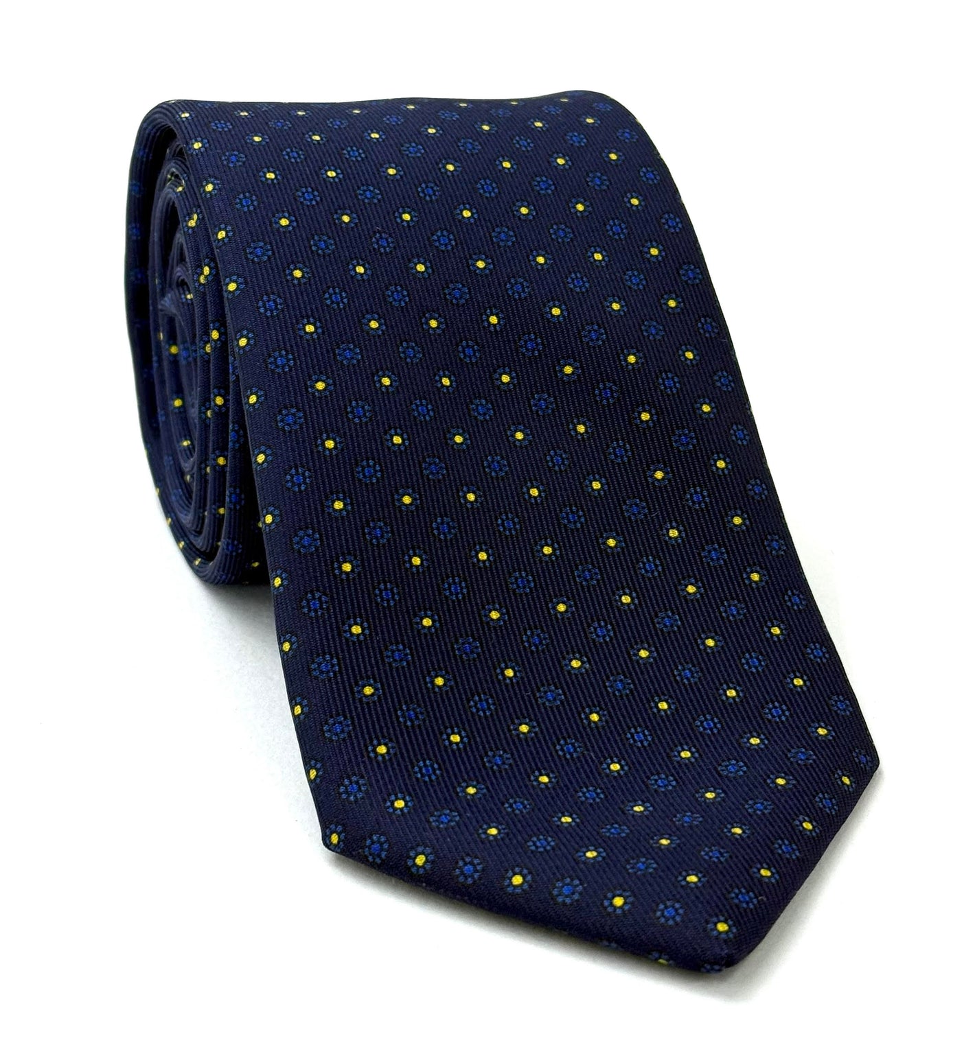 Blue & Yellow on Midnight Blue Macclesfield Print Silk Tie MCT-267