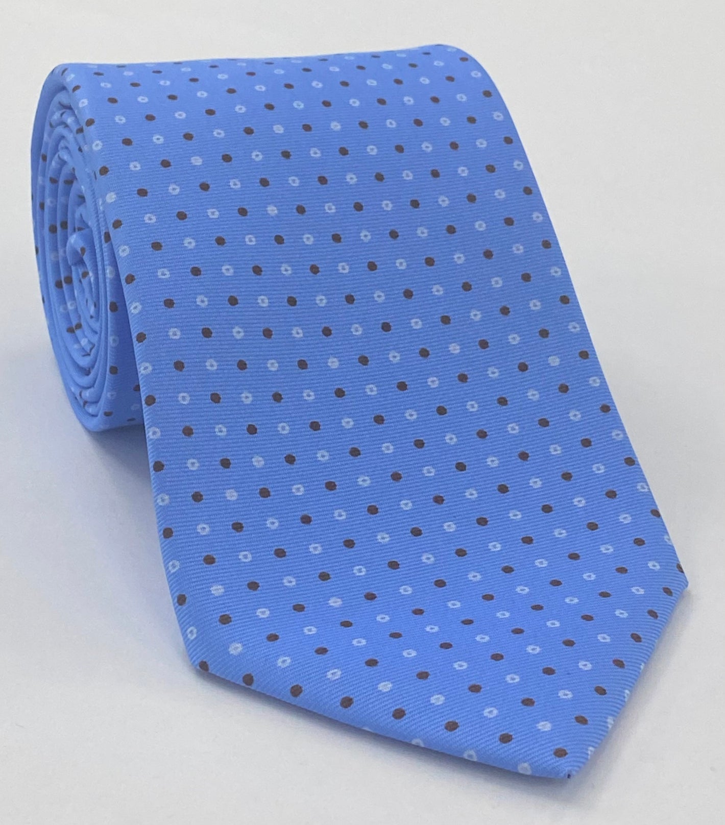Chocolate & White on Sky Blue Macclesfield Print Silk Tie MCT-269