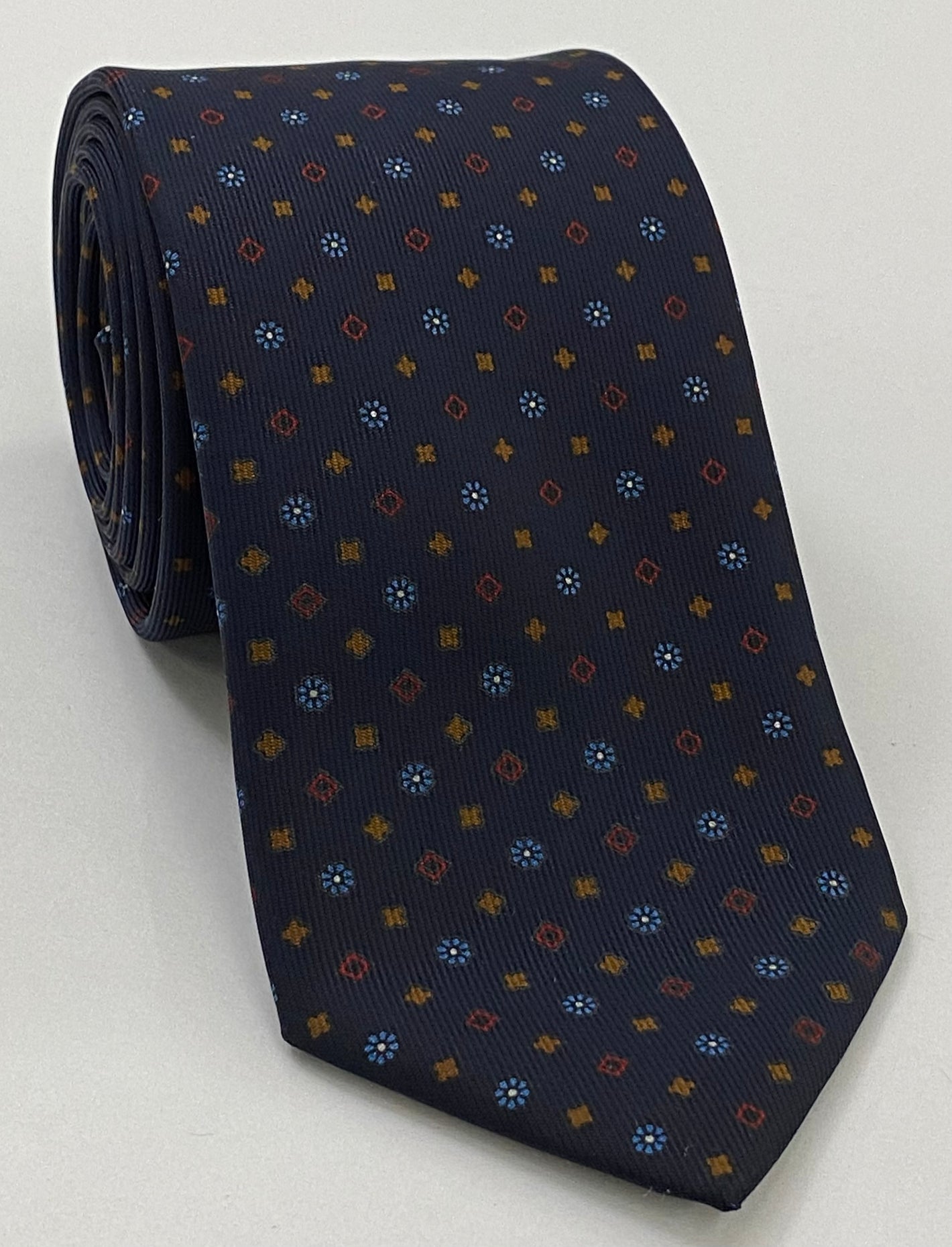 스카이 블루, 레드, 번트 오렌지 & 화이트 미드나잇 블루 맥클스필드 프린트 실크 보타이 MCBT-276