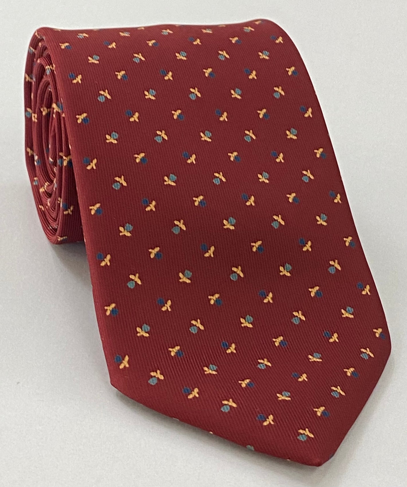 Dark Blue, Gray & Soft Yellow on Dark Red Macclesfield Print Silk Tie MCT-277