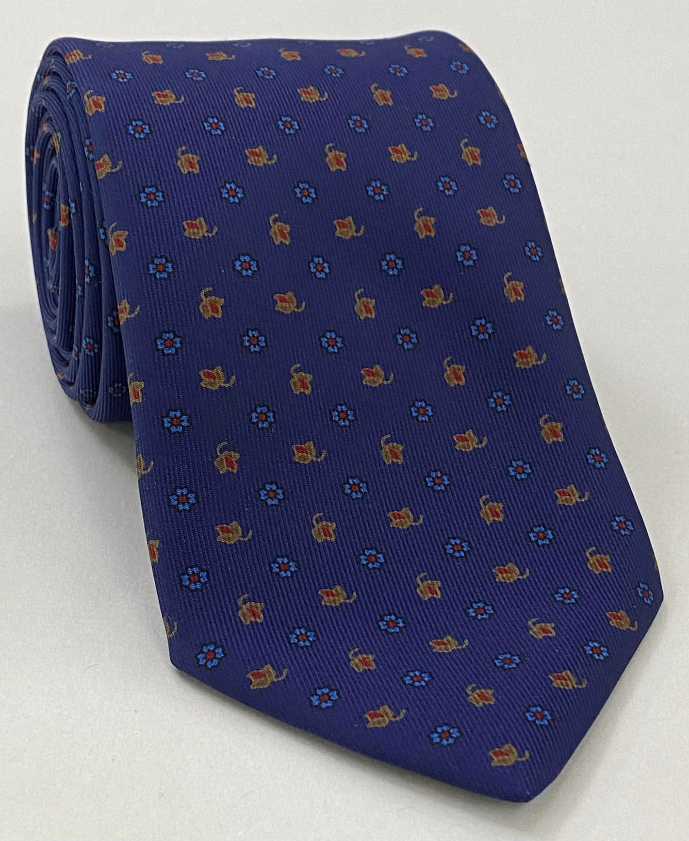 Sky Blue, Red & Gold on Dark Navy Blue Macclesfield Print Silk Tie MCT-286