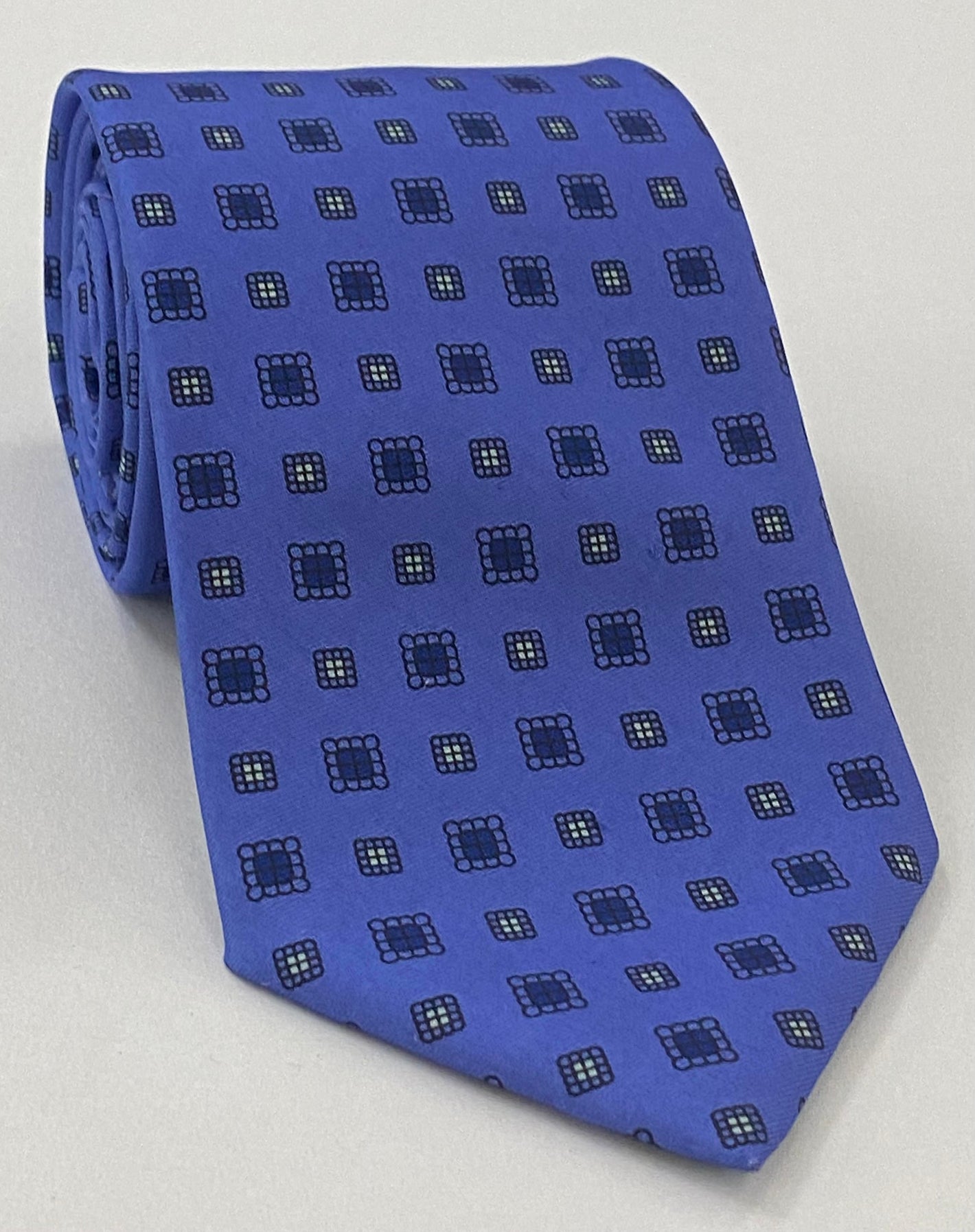 Dark Blue, White & Black on Purple Blue Macclesfield Print Silk Tie MCT-287
