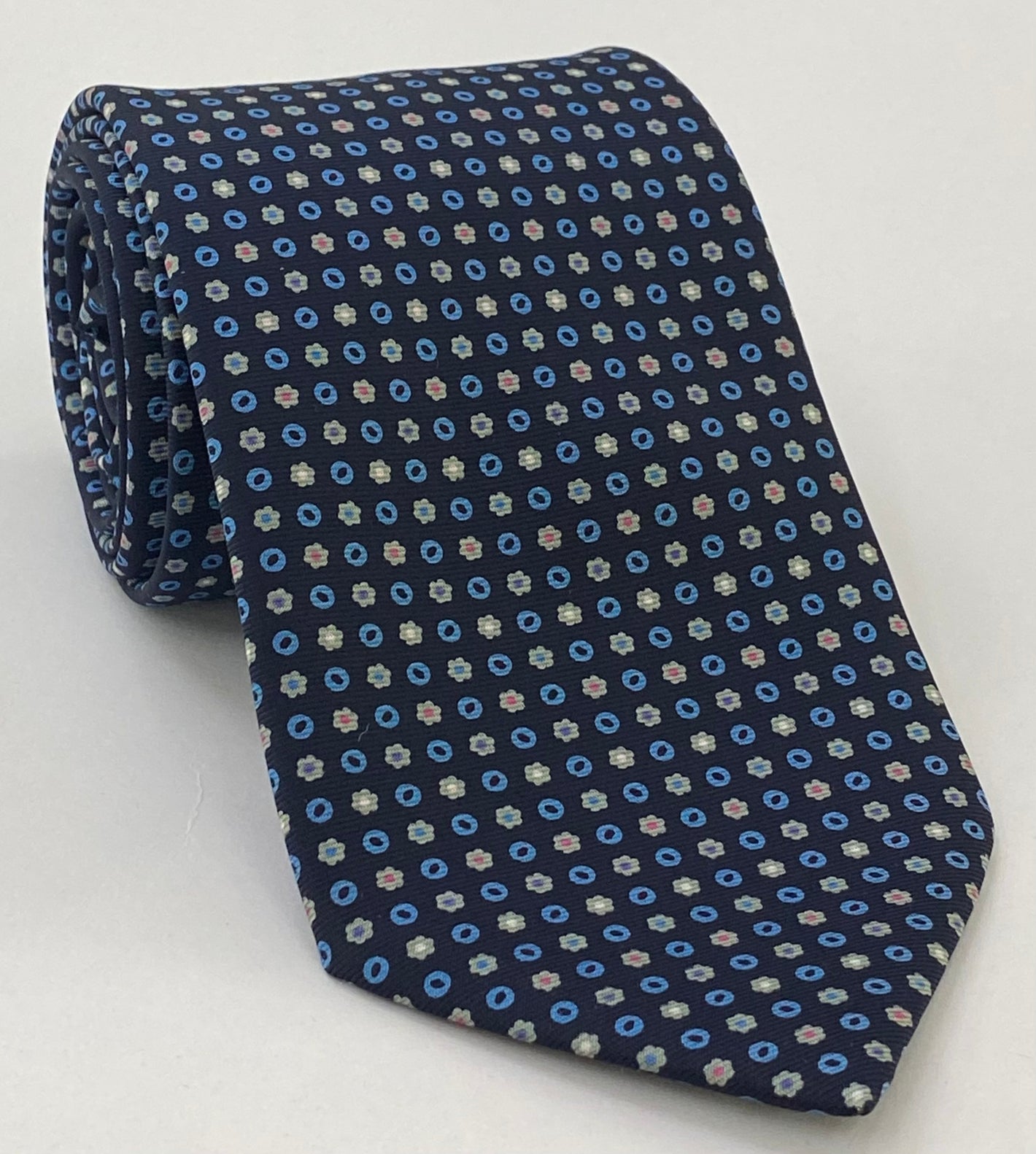Sky Blue, White, Gray & Pink on Midnight Blue Macclesfield Print Silk Tie MCT-288