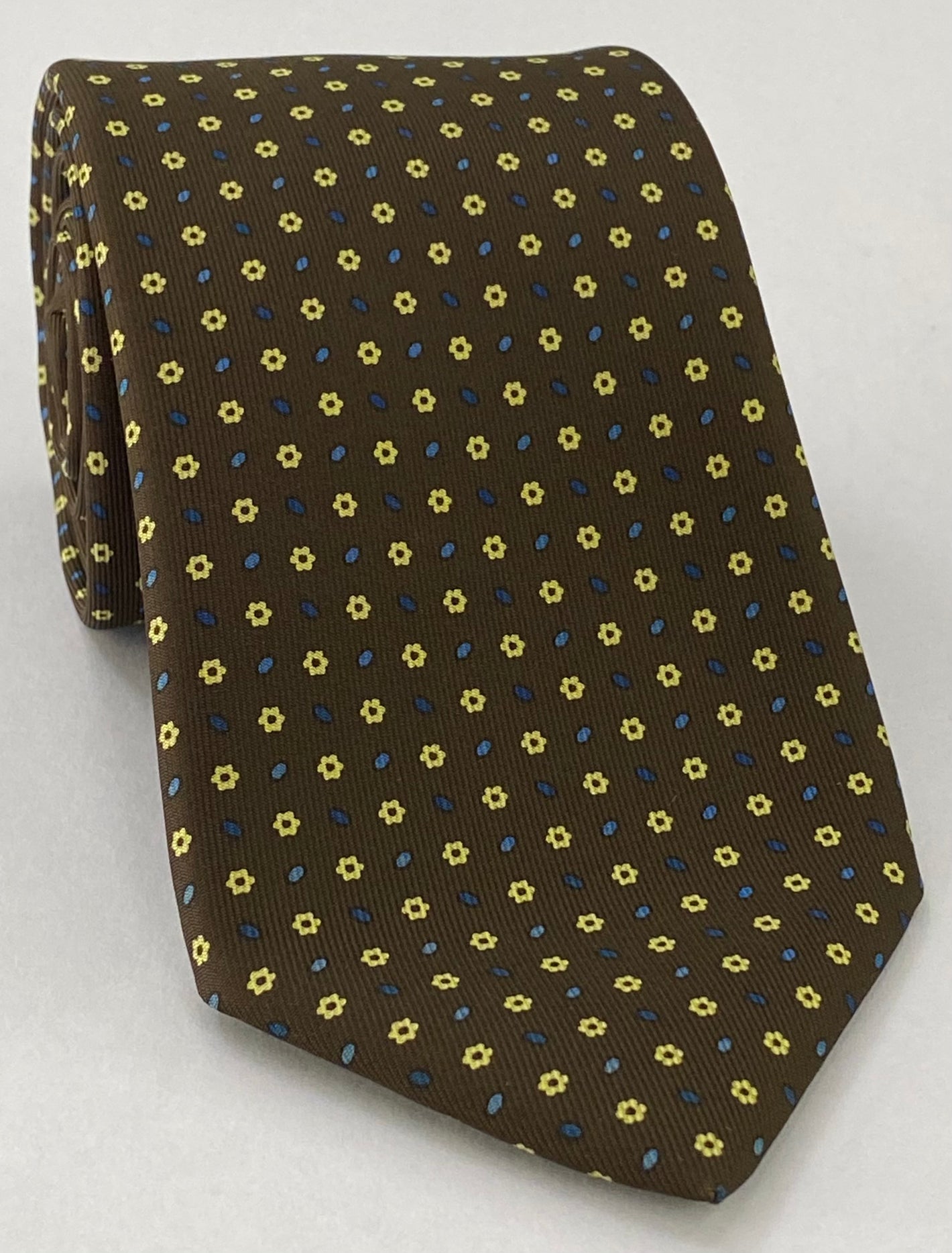Dark Blue, Sky Blue & Light Yellow on Dark Chocolate  Macclesfield Print Silk Tie MCT-290