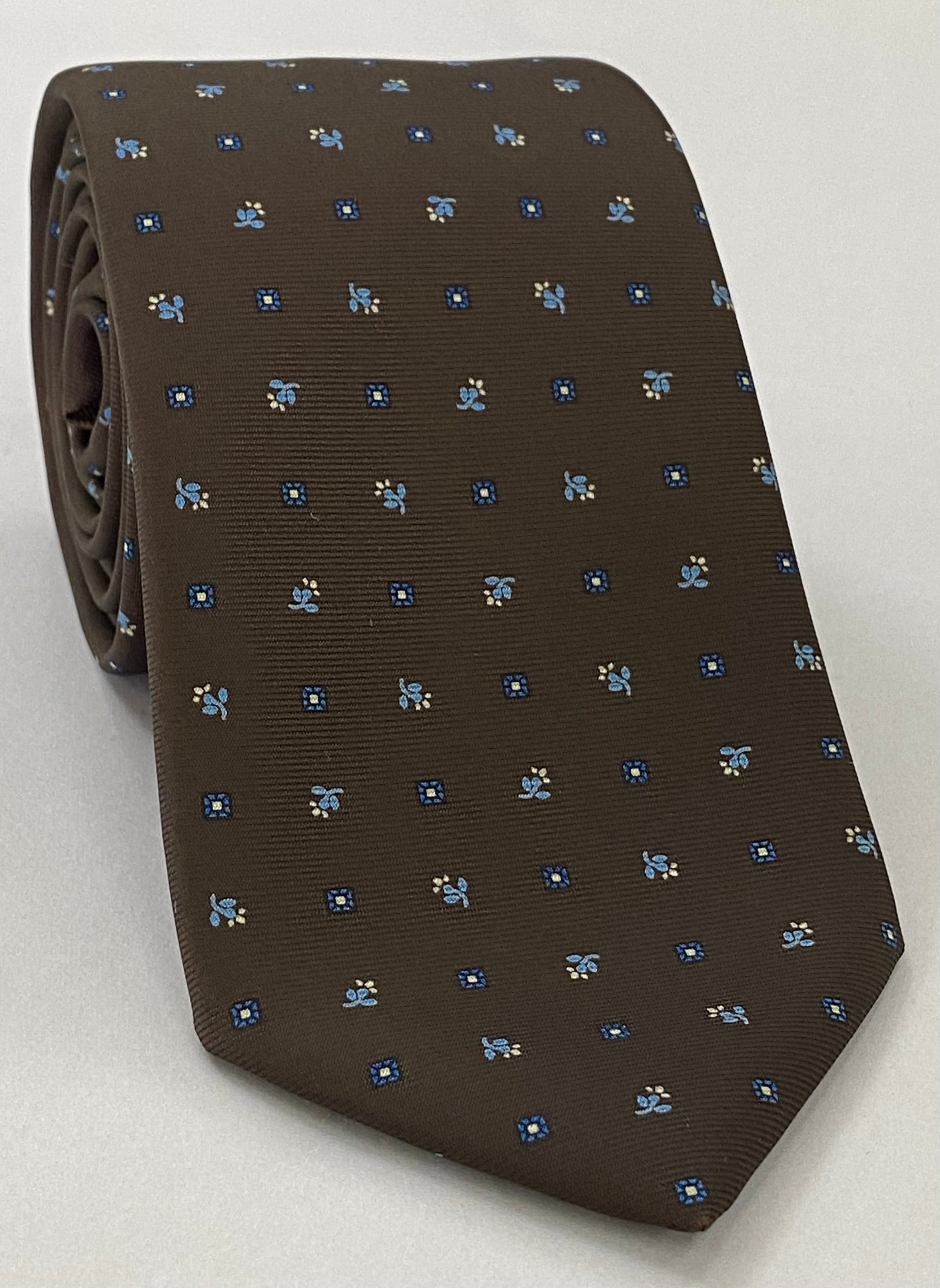 Sky Blue, Blue & Off-White on Dark Chocolate Macclesfield Print Silk Tie MCT-292