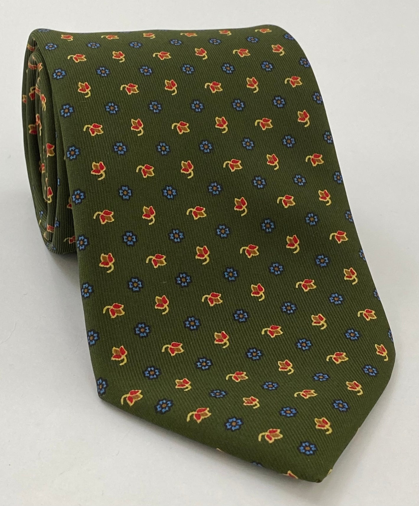 Sky Blue, Red, Gold & Light Yellow on Olive Green Macclesfield Print Silk Tie MCT-293