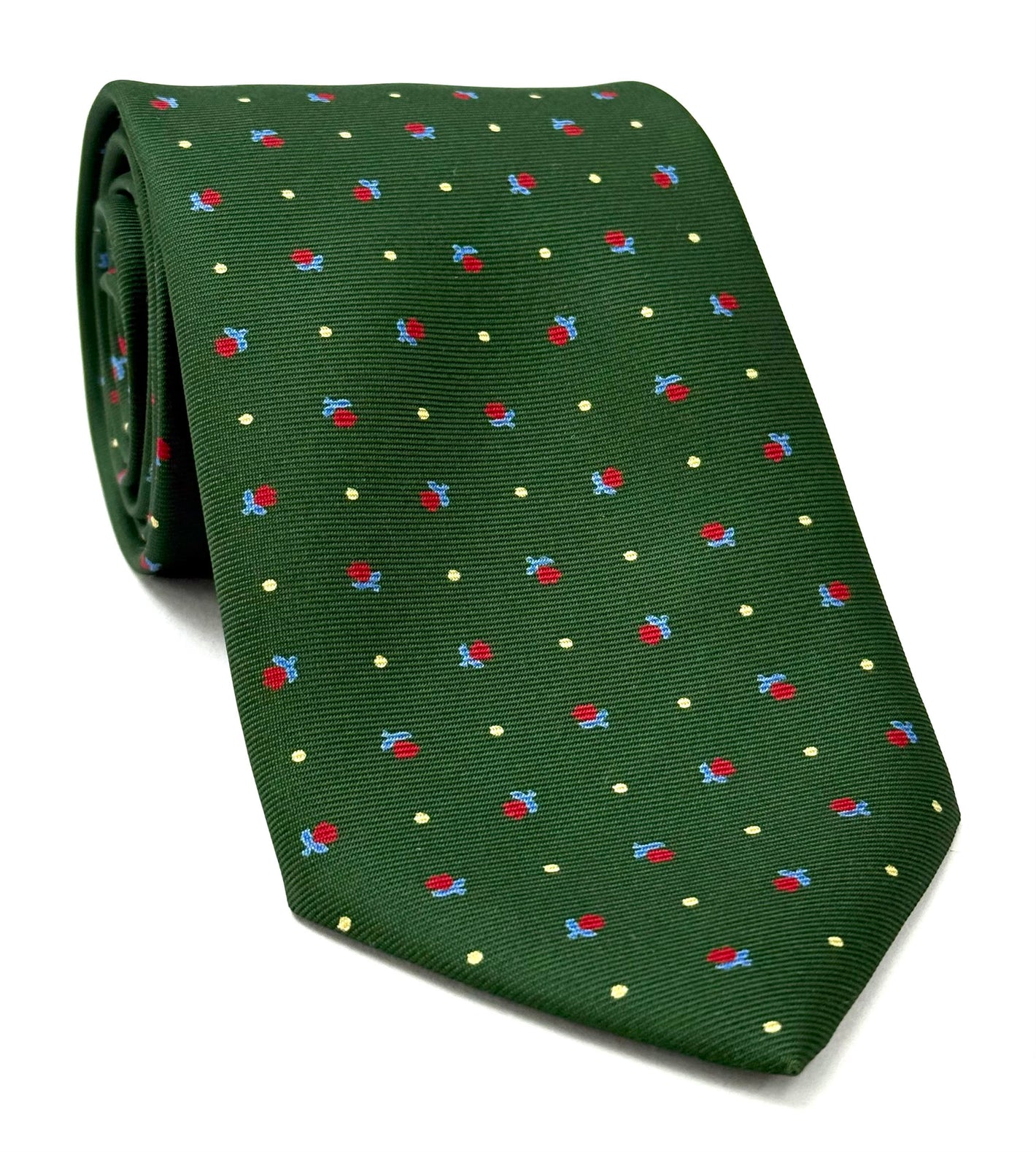 Red, Sky Blue & Off-White on Dark Green Macclesfield Print Silk Tie MCT-294