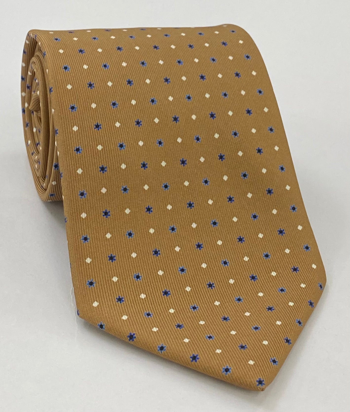 Dark Navy Blue, Sky Blue & White on Camel Macclesfield Print Silk Tie MCT-297