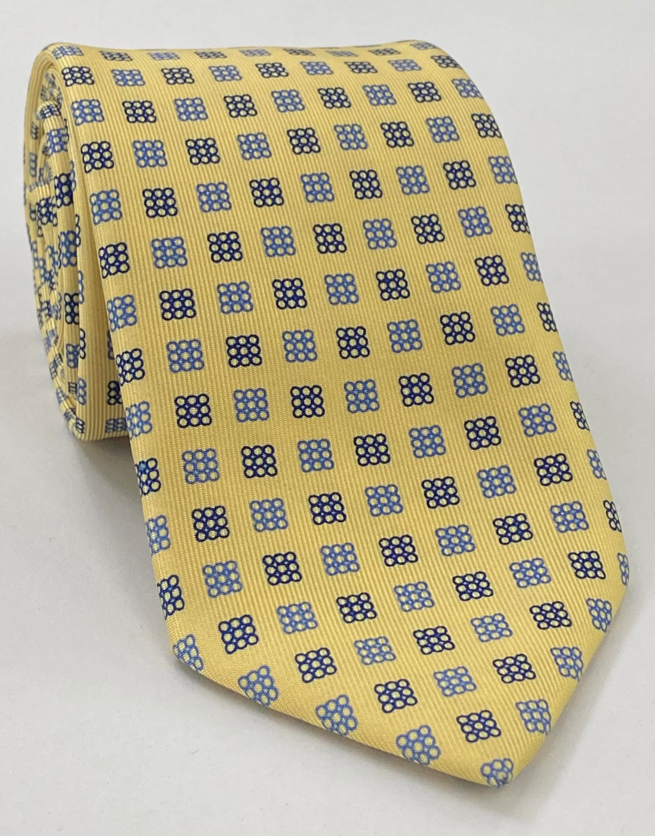 Sky Blue & Navy Blue on Soft Gold Macclesfield Print Silk Tie MCT-300