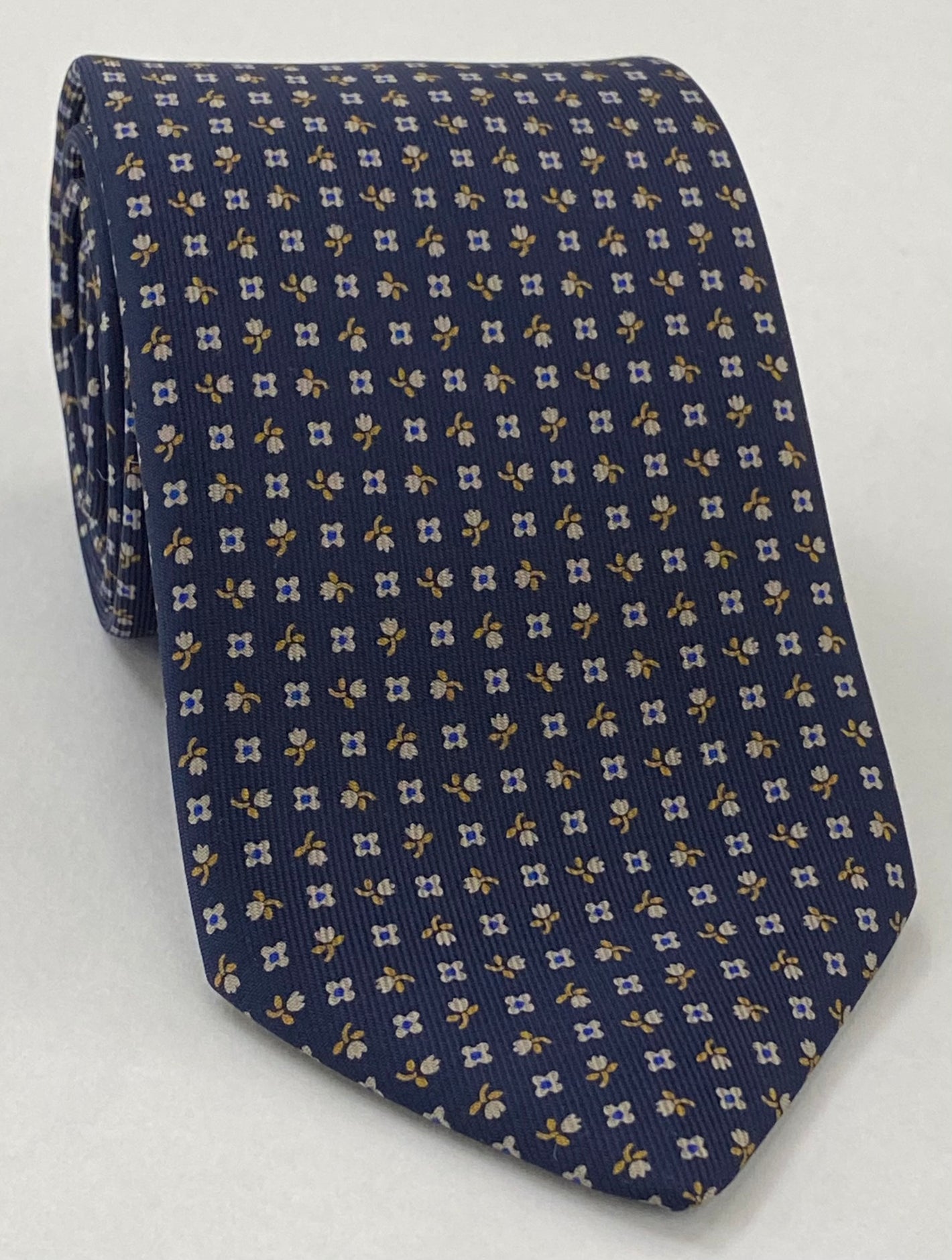 Burnt Orange, Blue & Silver with a touch of Pink on Midnight Blue Macclesfield Print Silk Tie MCT-301