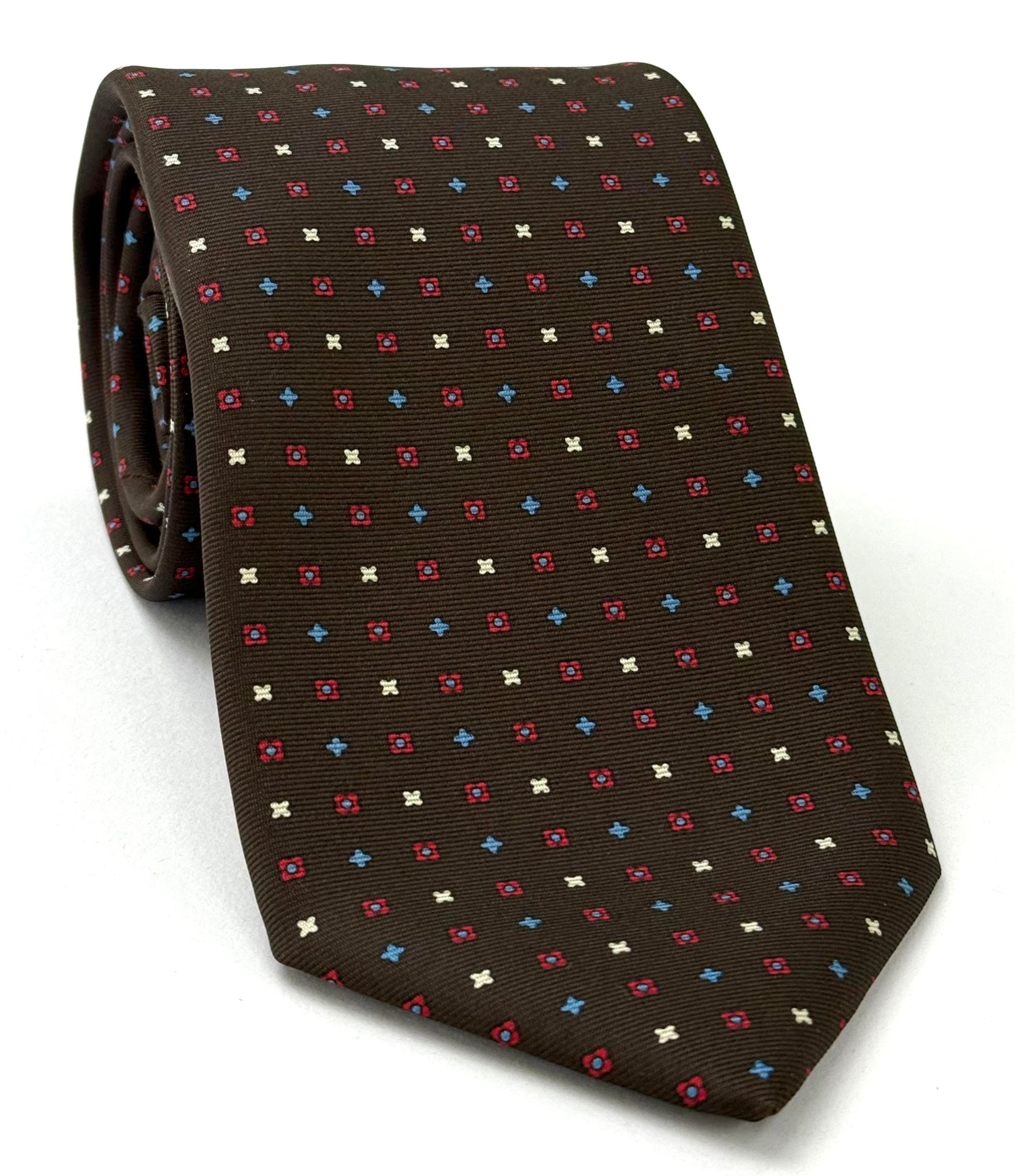 Sky Blue, Red & Off-White on Dark Chocolate Macclesfield Print Silk Tie MCT-304