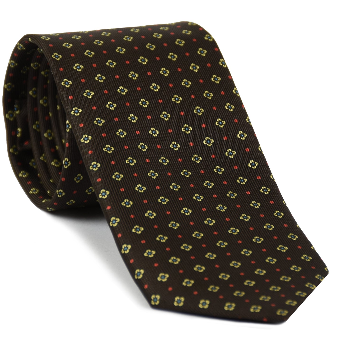 {[en]:Sky Blue, Red & Light Yellow on Dark Chocolate Macclesfield Print Silk Tie